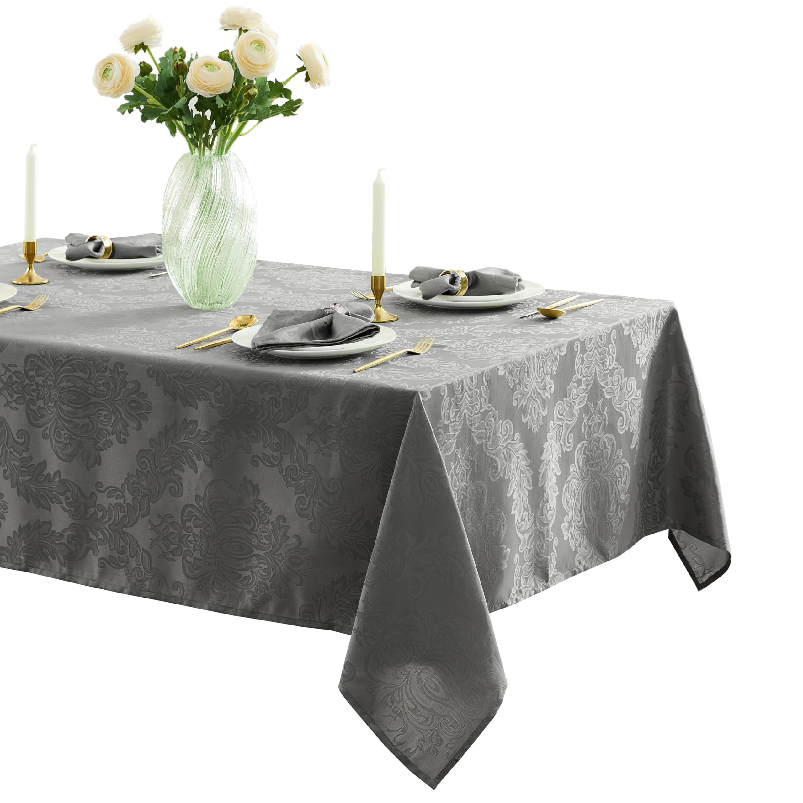 Newbridge Barcelona Damask Fabric Tablecloth, 52 x 70 Inch Rectangle, Grey - No Iron, Soil Resistant Table Cover for Dining, Par