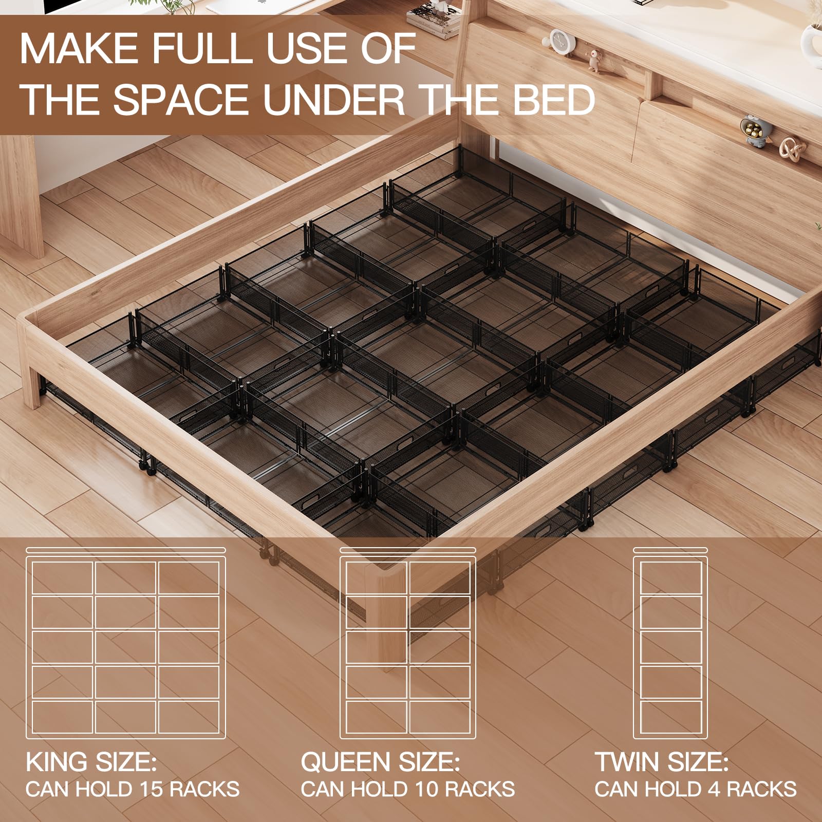 Under Bed Storage with Wheels, Foldable Metal Mesh Underbed Storage Container Bins, Tool-free Assembly Clothes Drawer Organizer,