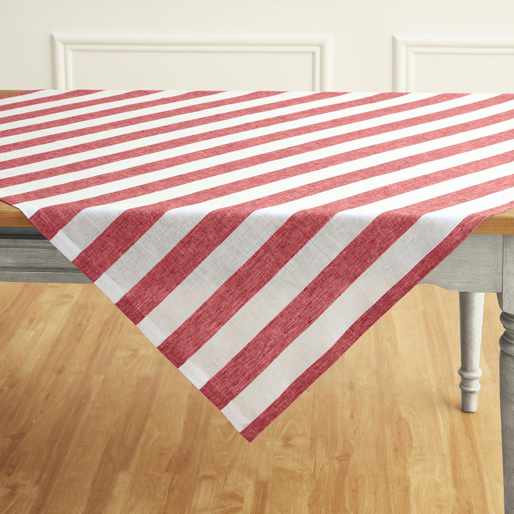 Solino Home Cabana Stripe Linen Tablecloth 52 X 52 Inch - 100% Pure Linen Red And White Table Throw For Spring - Handcrafted And