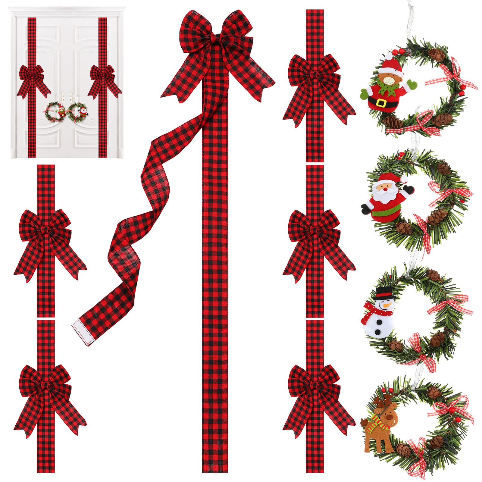 Ysleen 6 Pcs Christmas Cabinet Ribbon Bows Festive Large Xmas Bows and 4 Pcs Christmas Pine Wreath with Snowman Santa Claus Arti