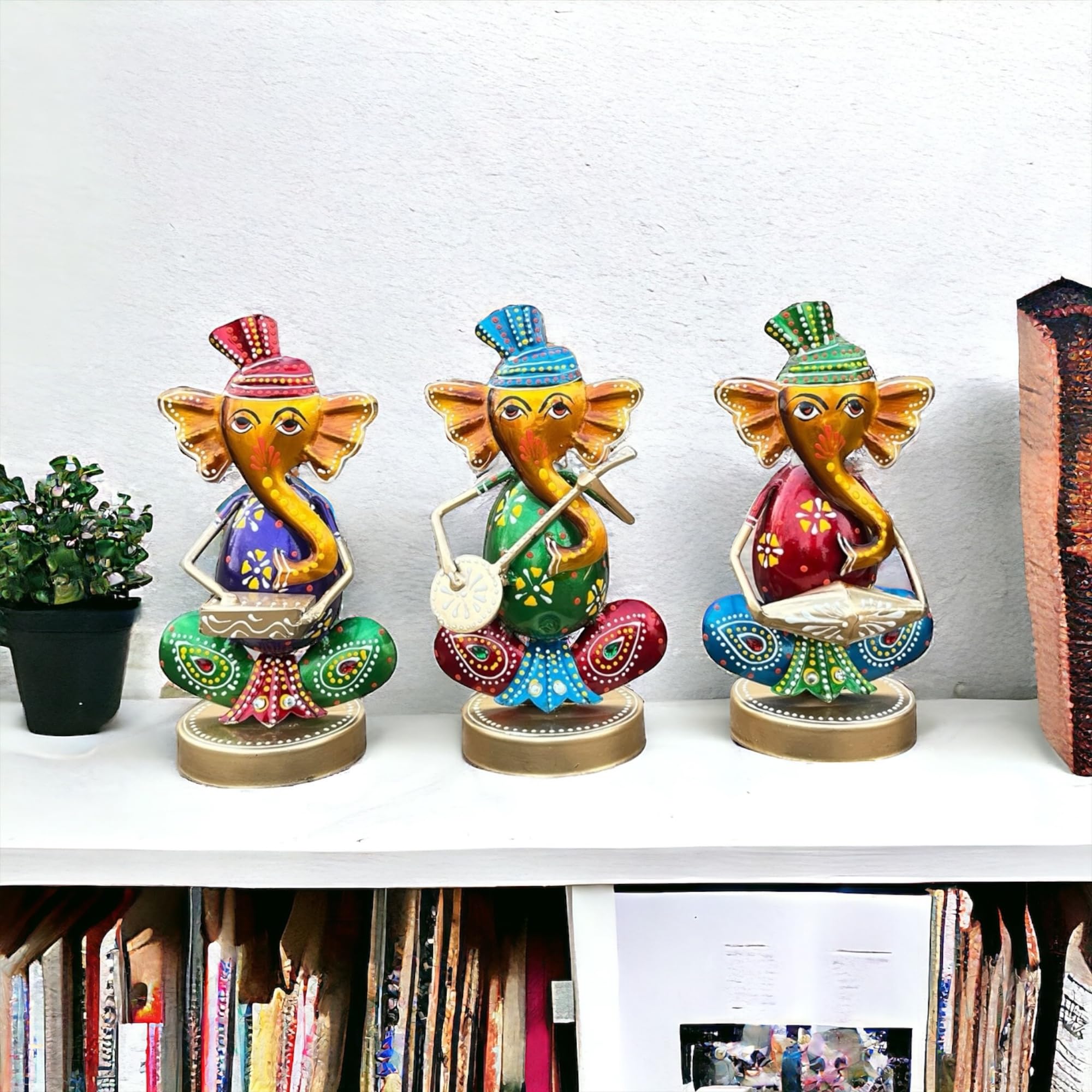 Craficial Metal Handpainted Ganesh Ji Rajasthani Musician Set Showpiece Idol For Living Room Sclupture For Home & Office Decor (