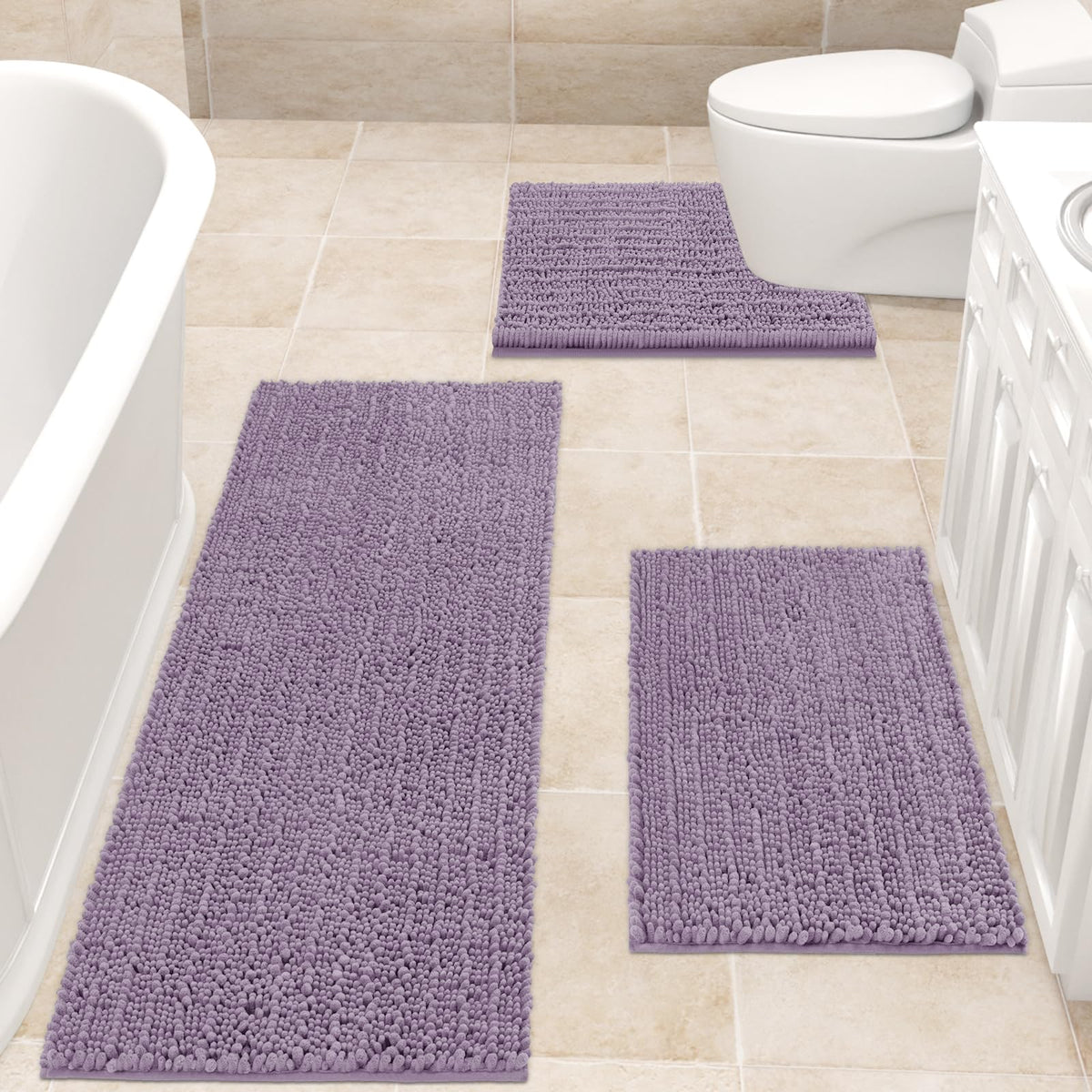 Accumtek Upgrade Extra Large Lavender Bathroom Rug Set 3 Pieces Ultra Soft, Thick Absorbent Bath Mats, Non Slip Chenille Toilet