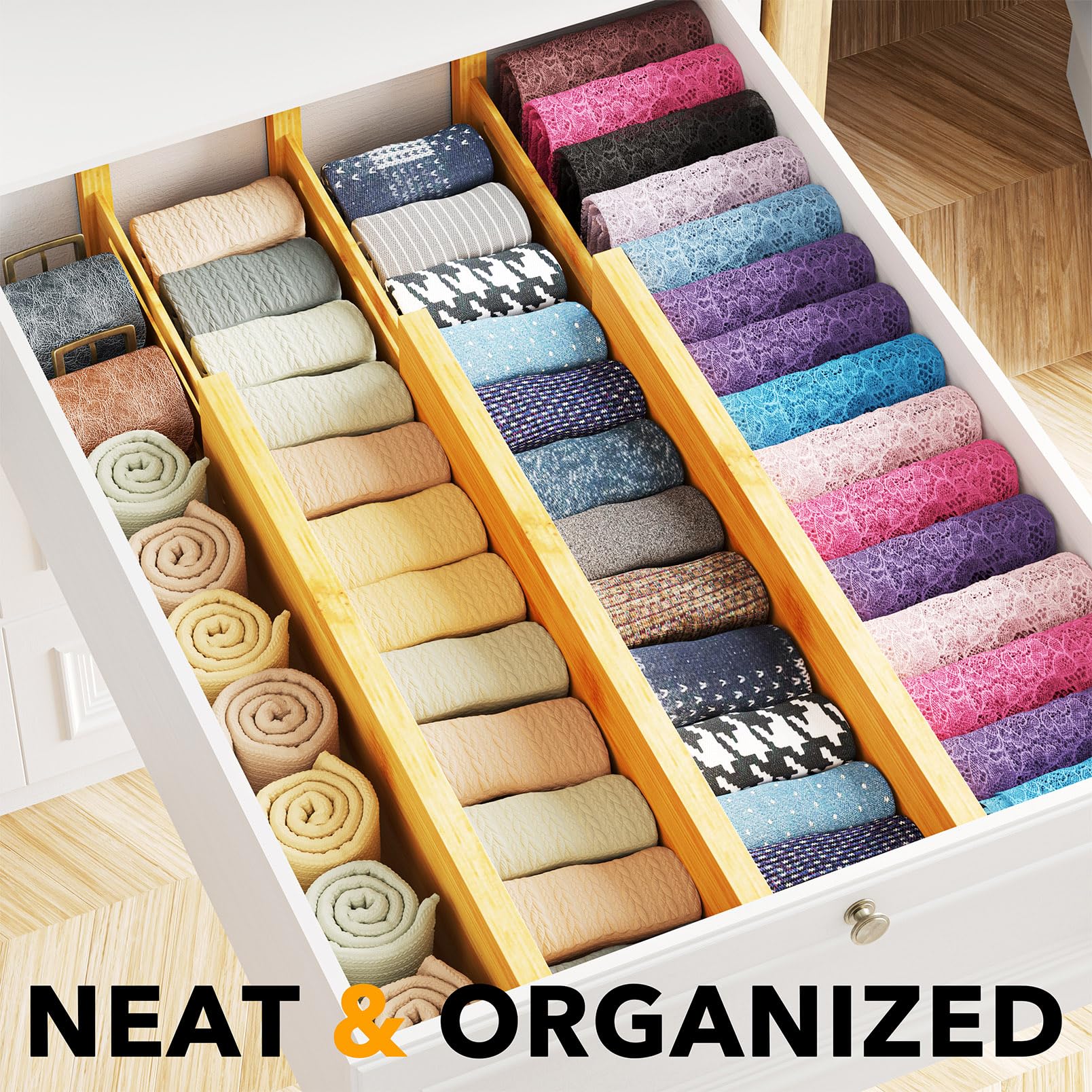 SpaceAid Bamboo Dresser Drawer Dividers 6 Pack, 4.65 High Adjustable 17-22    Drawer Organizers, Expandable Organization for Clo
