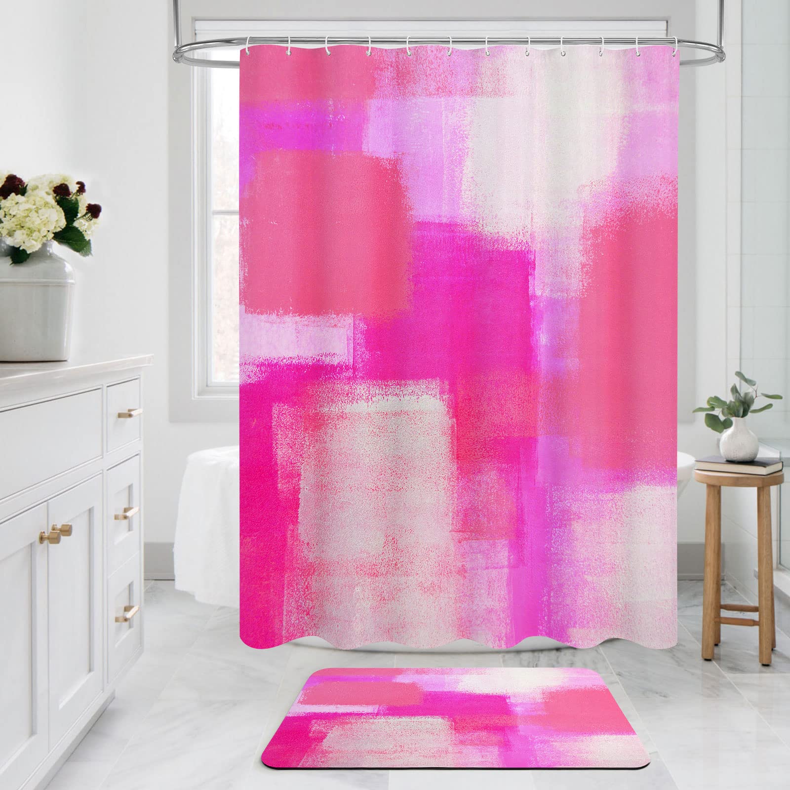MitoVilla Hot Pink Shower Curtain Set with Hooks  Abstract Ombre Grunge Style Shower Curtain for Bathroom  Dark Pink & Peach Art Paint Brush Bathtub Decor  72 x 72