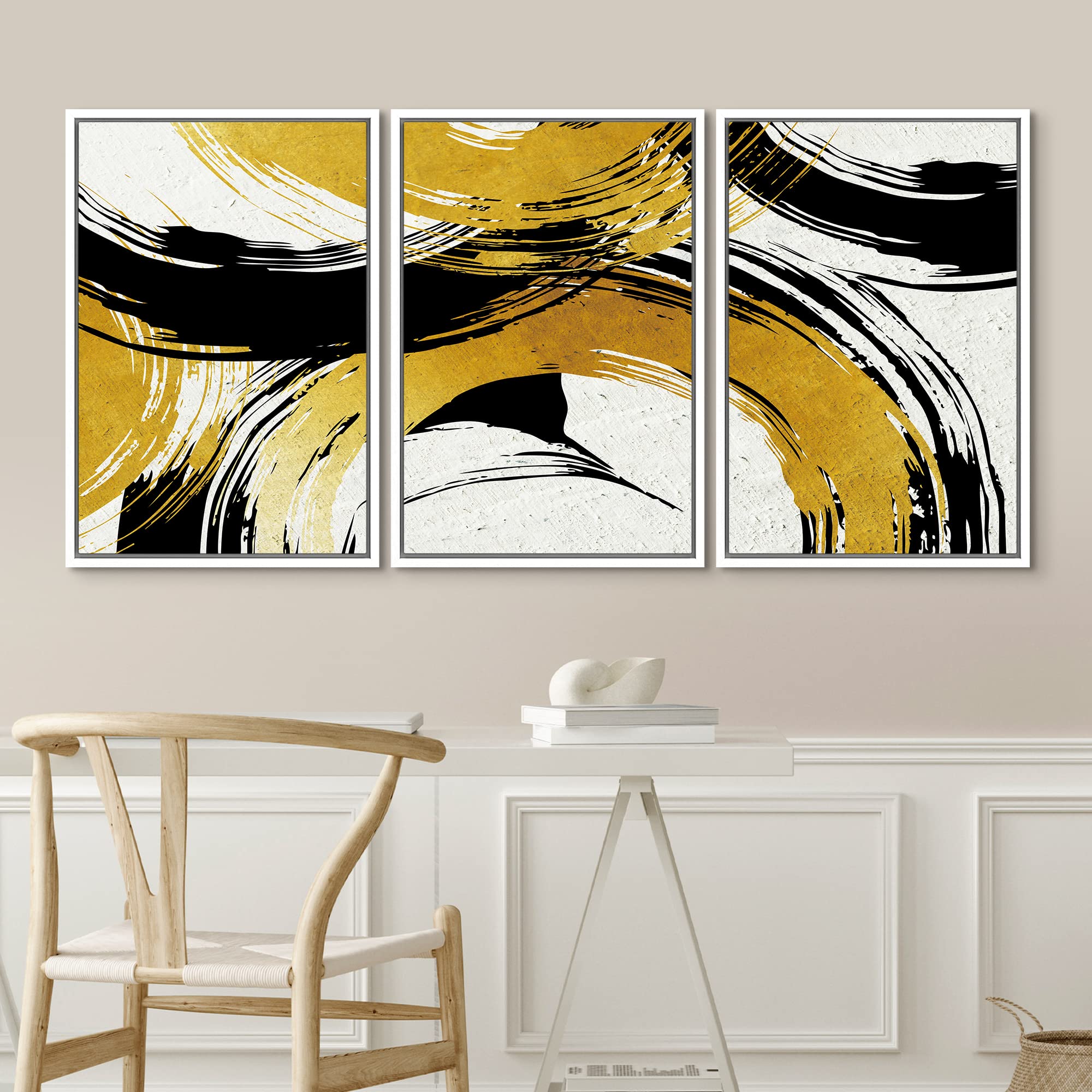 Idea4Wall Framed Wall Art Print Set Gold & Black Interlocking Rings Geometric Shapes Illustrations Modern Art Glam Dramatic Mult
