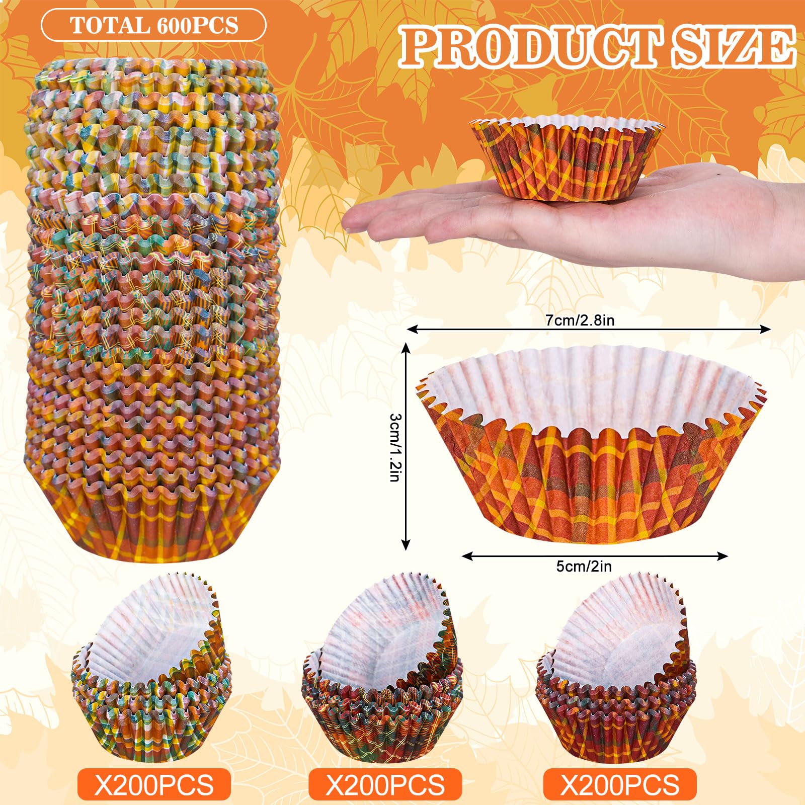 Whaline 600Pcs Fall Thanksgiving Cupcake Liners Plaid Baking Cups Autumn Muffin Baking Liners For Birthday Party Fall Themed Par