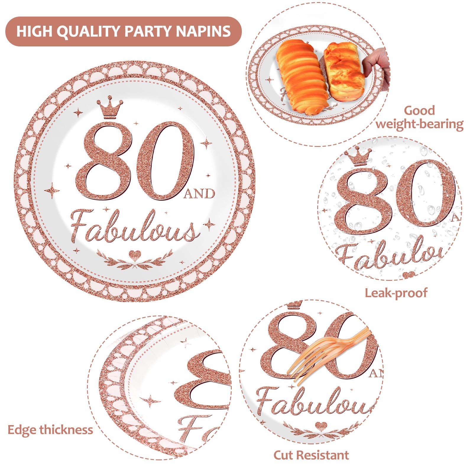 50 Guests 80Th Birthday Plates And Napkins 80Th Birthday Decorations For Women Rose Gold Happy Birthday Party Fabulous Tableware