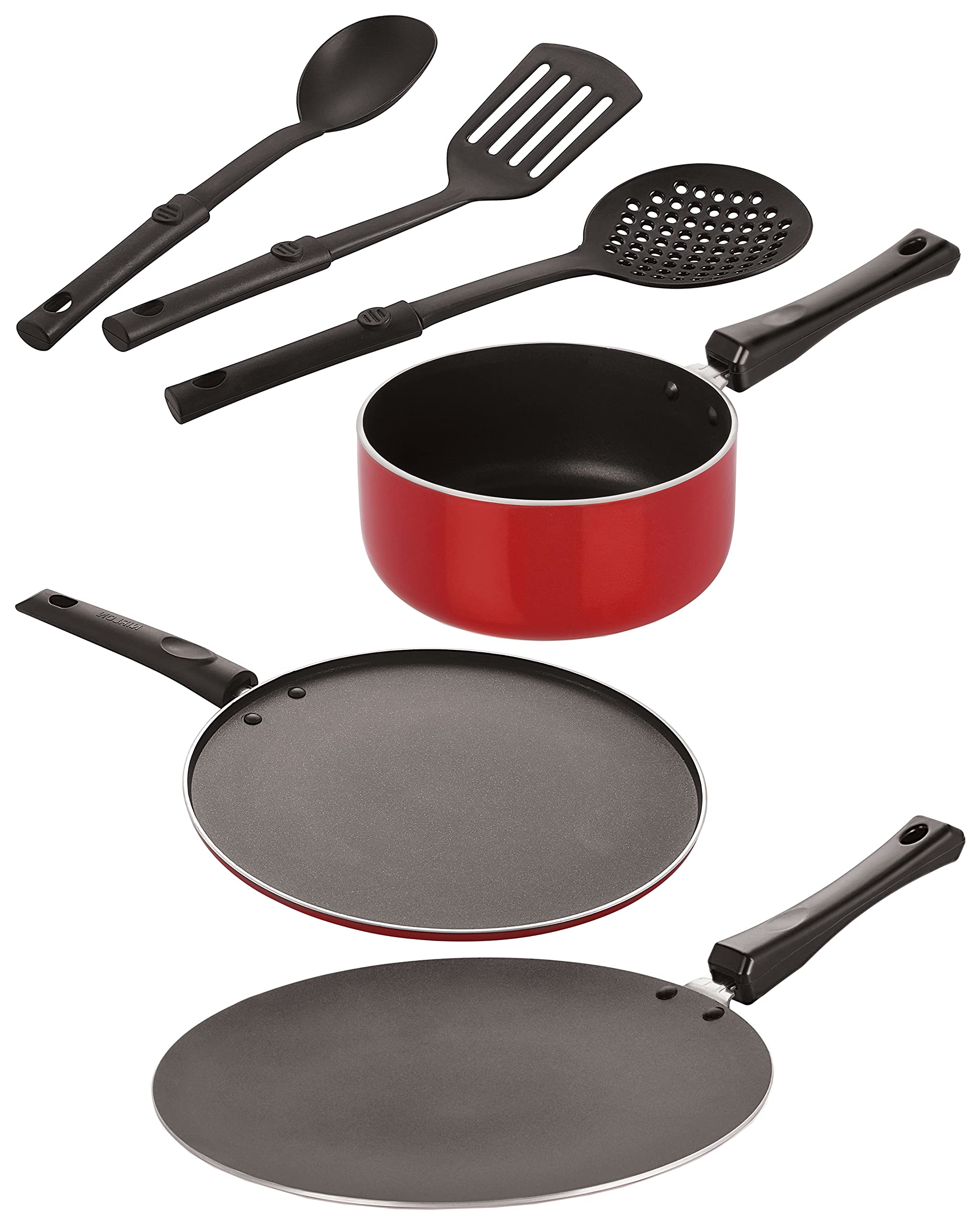 Nirlon Aluminium Nonstick Coated 6 Pcs Set Of Concave Tawa 1228.5Cm / Sauce Pan (B)  18Cm  1.8 Ltr/Smart Tawa 1126.5Cm / 3 P