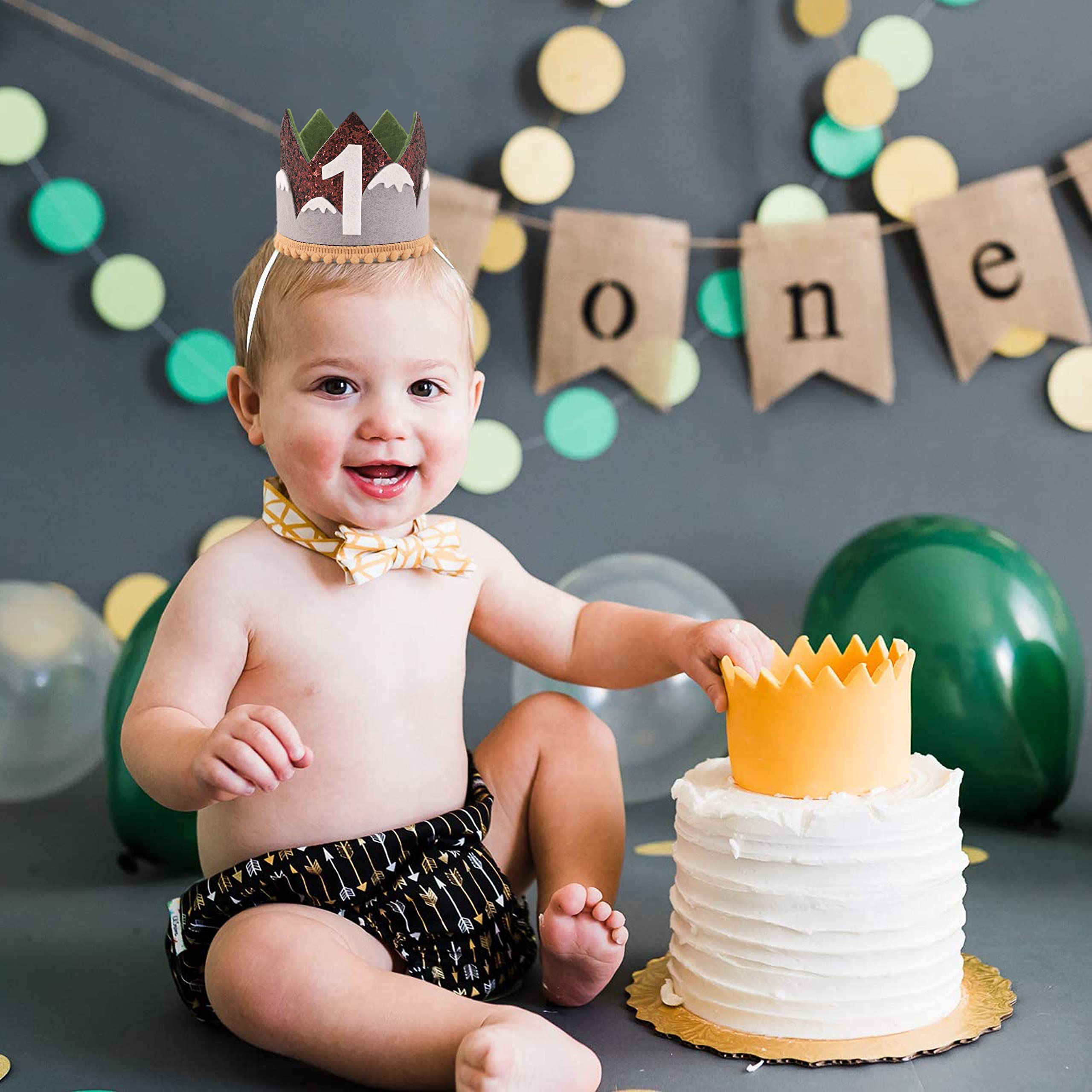 Wawuo Mountain Birthday Crown - One Happy Camper Crown For First Birthday Party, Adventure Awaits Birthday Protects Your Value,