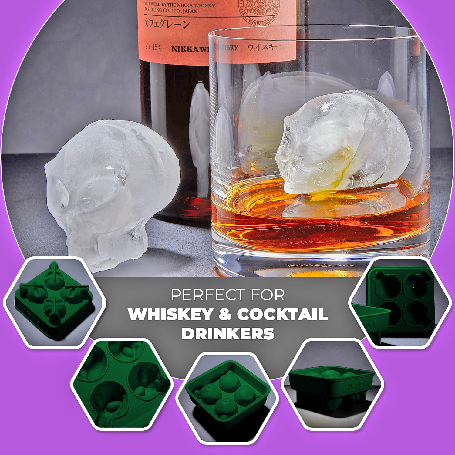 Shaped 2-Pack Bundle 3D Ancient Alien & Skull Ice Mold Trays, Super Flexible Silicone Ice Molds For Ice Cubes, Soaps, Chocolates