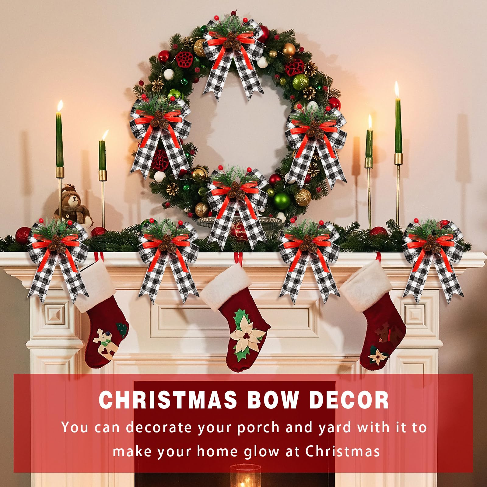 Syhood 6 Pcs Christmas Bows with Pine Cones Pine Needles Xmas Plaid Bows Black White Ribbon Christmas Tree Wreath Decoration for