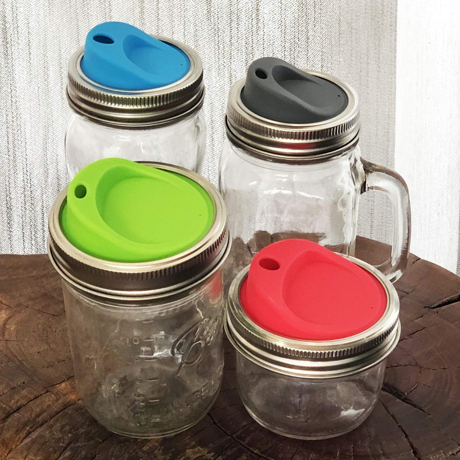 THINKCHANCES Reusable Food Grade and BPA Free Silicone Round Sip Straw Coffee Juice Drinking Lid Kit with Stainless Steel Rings for Mason  Ball  Canning Jars  Pack of 4 Sets (Regular Mouth Round Hole)