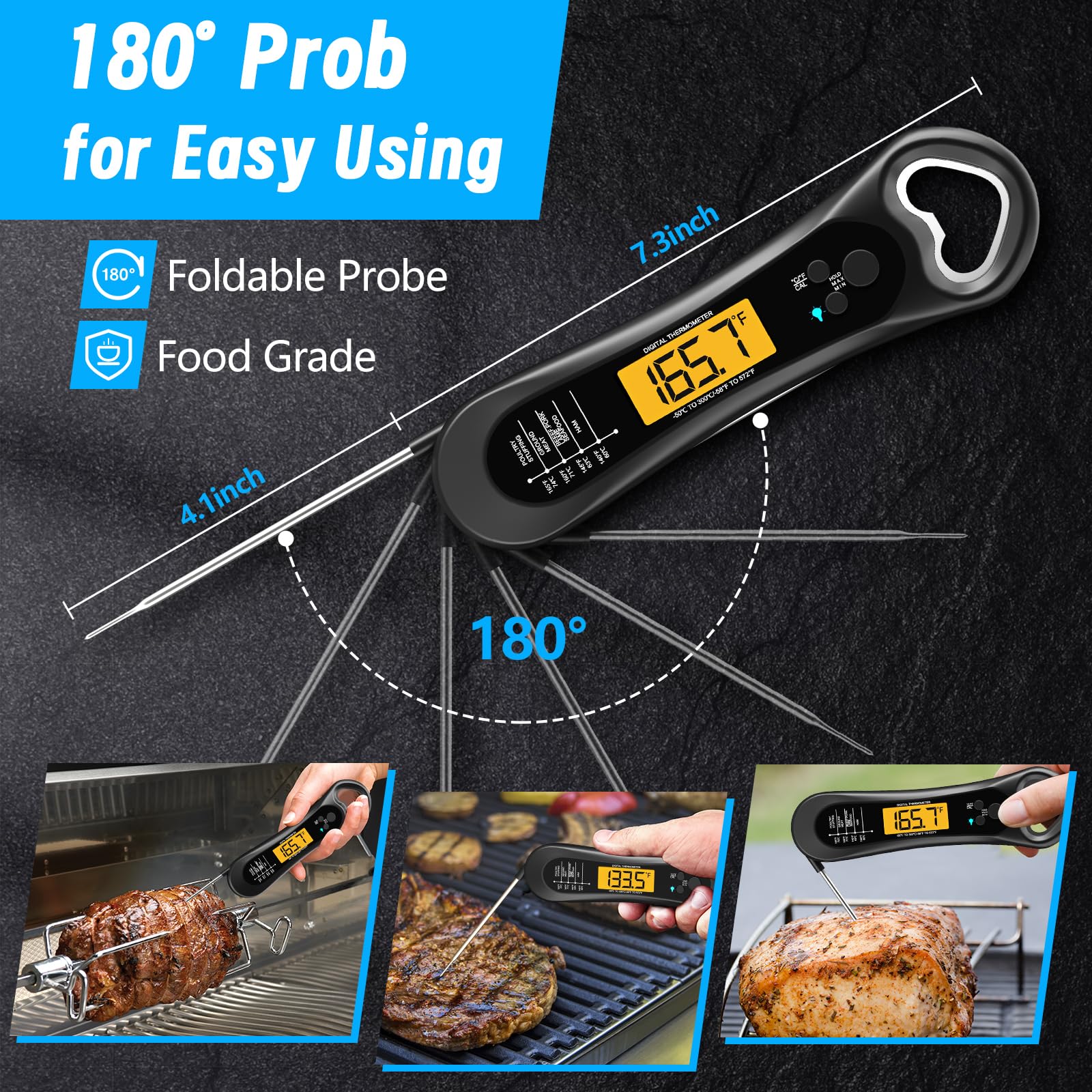 Biison Digital Meat Thermometer - Instant Read, Backlight, Calibration, Grey, Model B-D2-5, Ideal for Grill, BBQ, Turkey, Candy, Liquids
