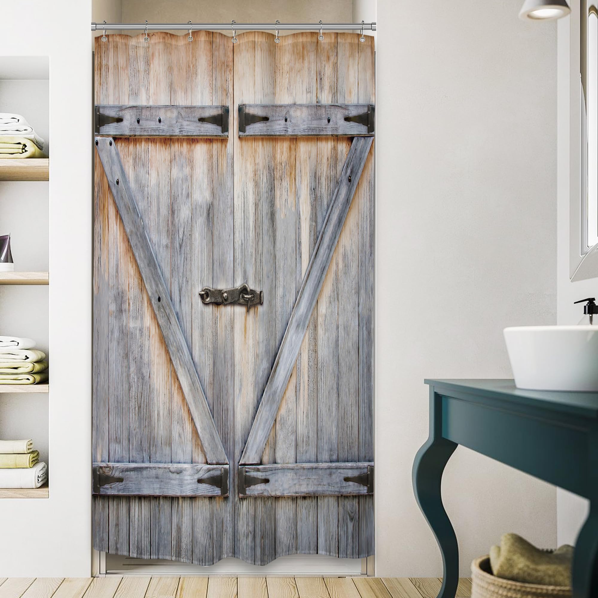 Riyidecor Small Rustic Stall Barn Door Shower Curtain 36Wx72H Farmhouse Wooden Vintage Wood Plank Country Old Garage Barnwood Decor Fabric Polyester Waterproof 7 Pack Plastic Hooks WW-YMDV