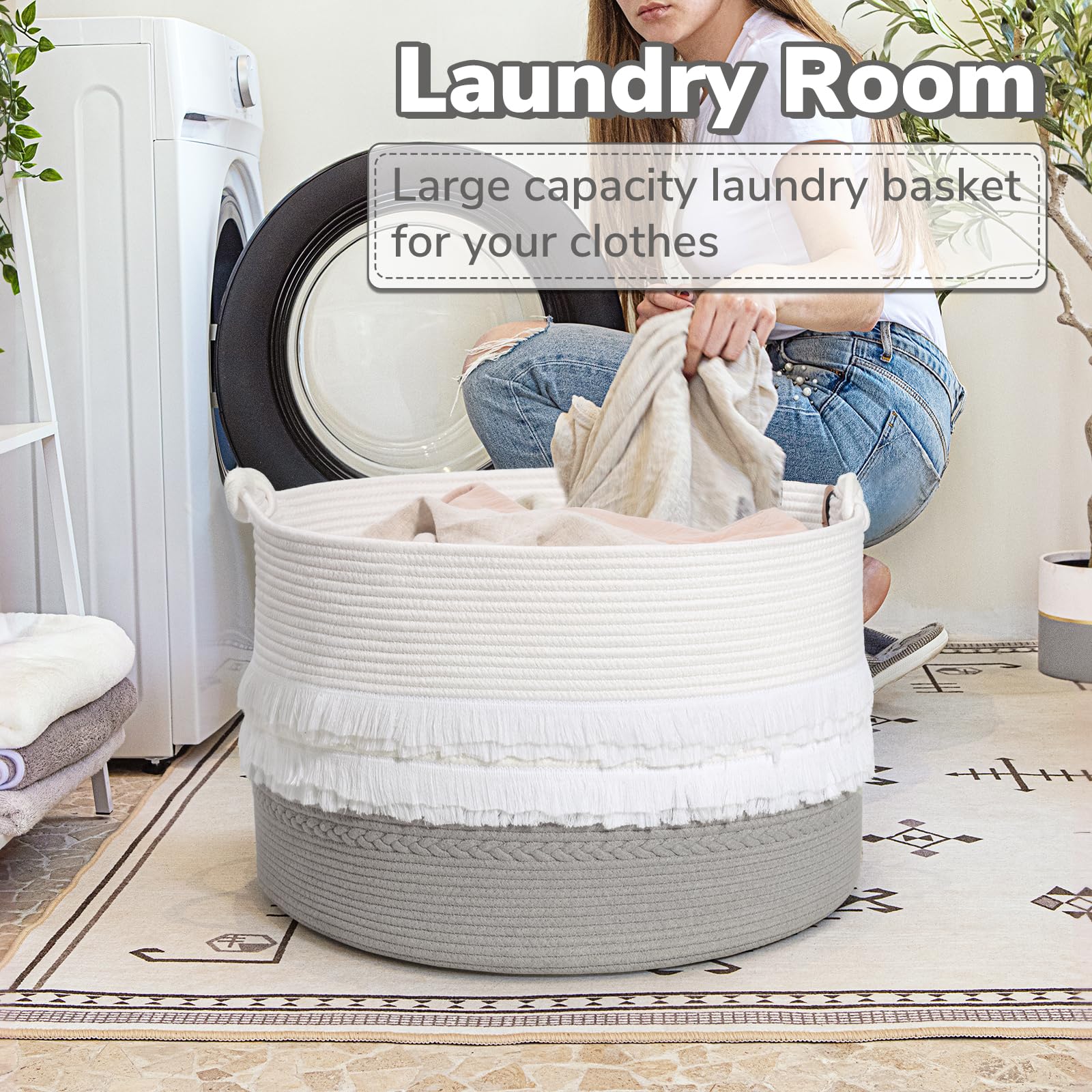 Cherrynow Extra Large Rope Basket For Toys, Grey Blanket Basket For Living Room, Entryway, Nursery Laundry Basket For Clothes, 2