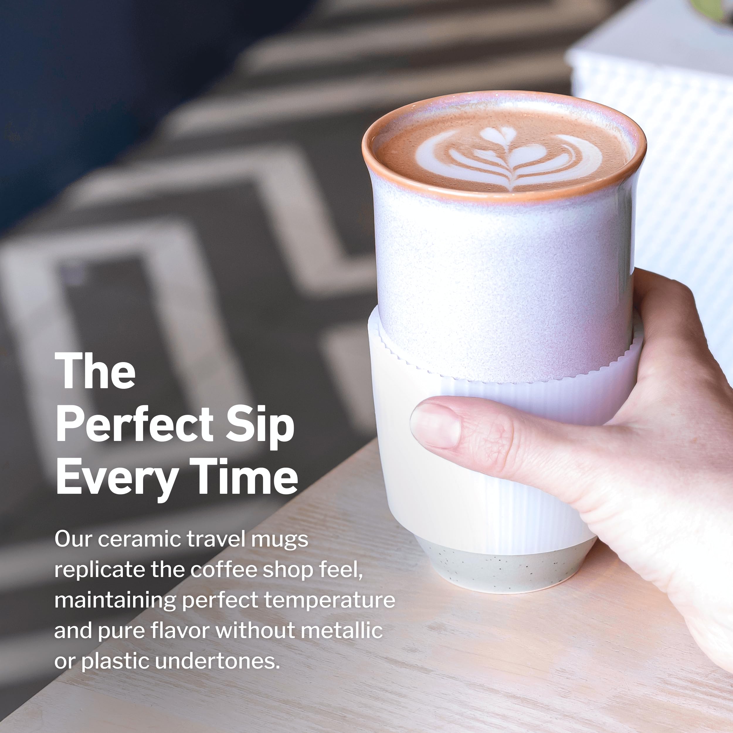 NOVA CERAMICS Coffee Travel Mug - Reusable To Go Mug - Microwave & Dishwasher Safe White & Purple Tumbler - Gifts For Women Men
