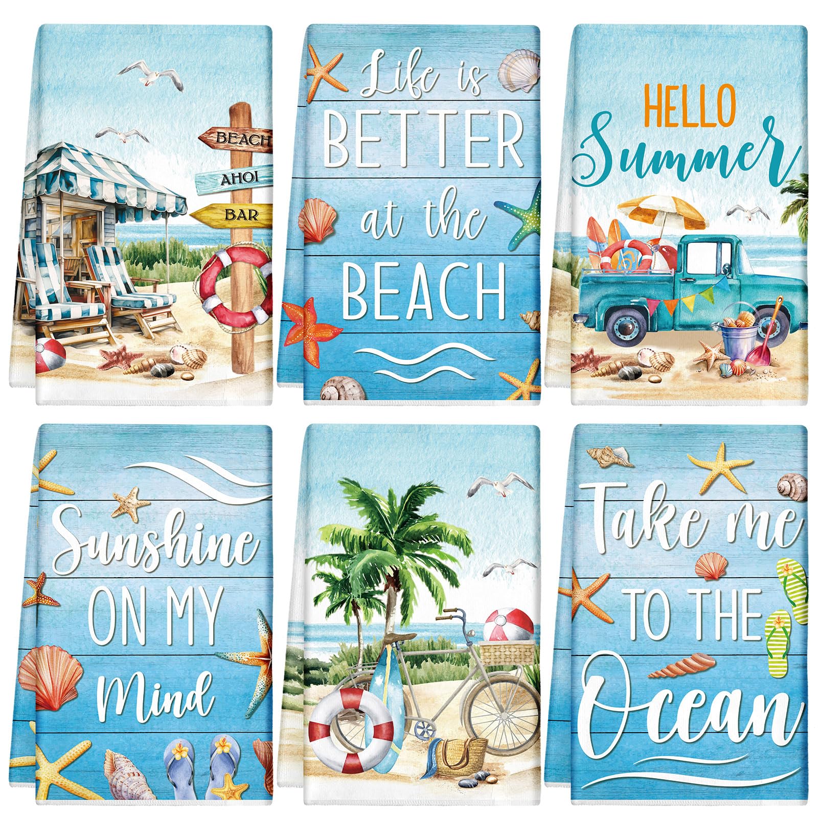 Tudomro 6 Pcs Summer Beach Kitchen Towels Beach Truck Shell Dish Towels Absorbent Soft Kitchen Fingertip Towels Blue Fresh Summe