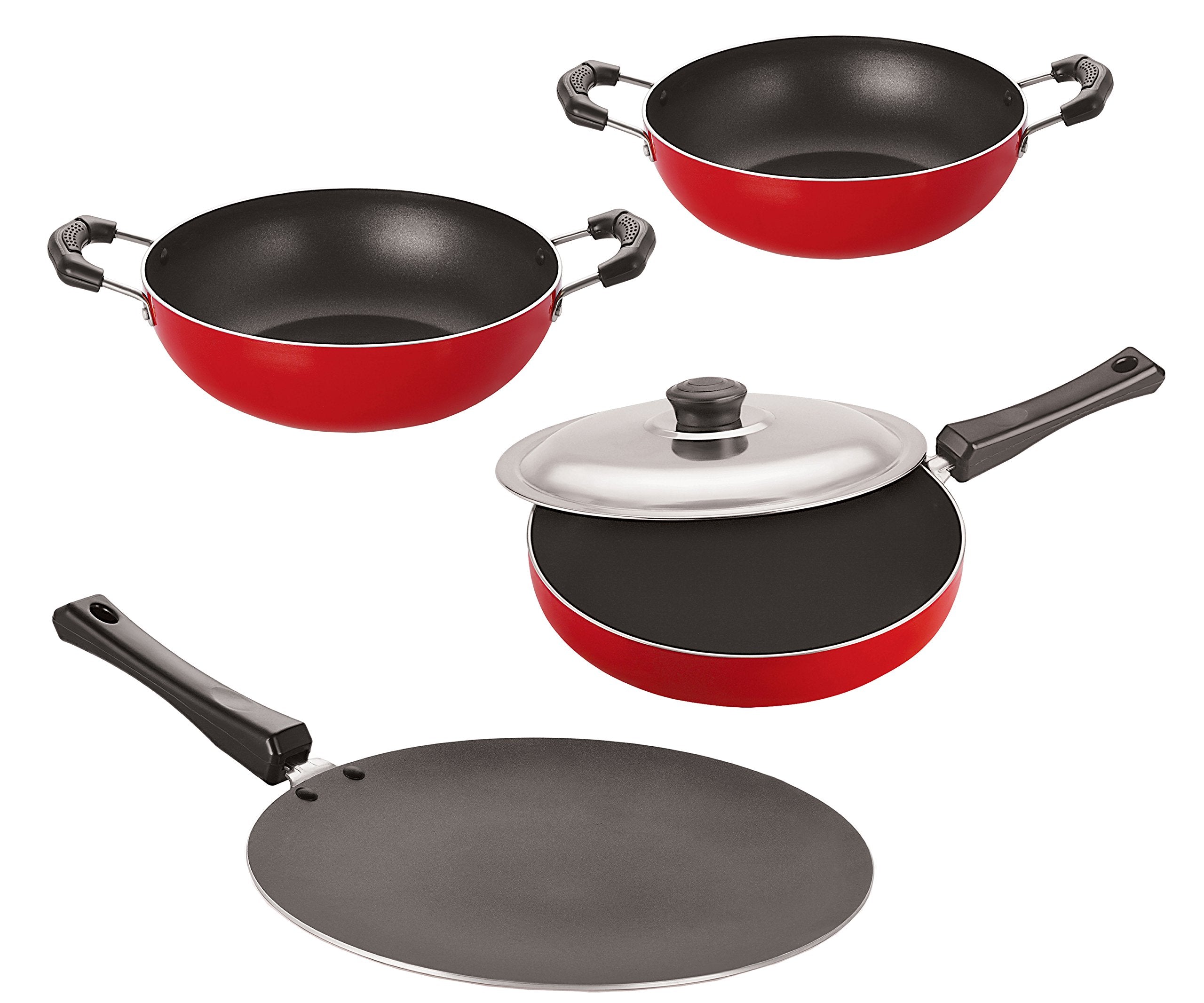 Nirlon NonStick Aluminum Cookware Set, 4Piece, Red And Black (Ct12_Fp13_Kd10_Kd11)