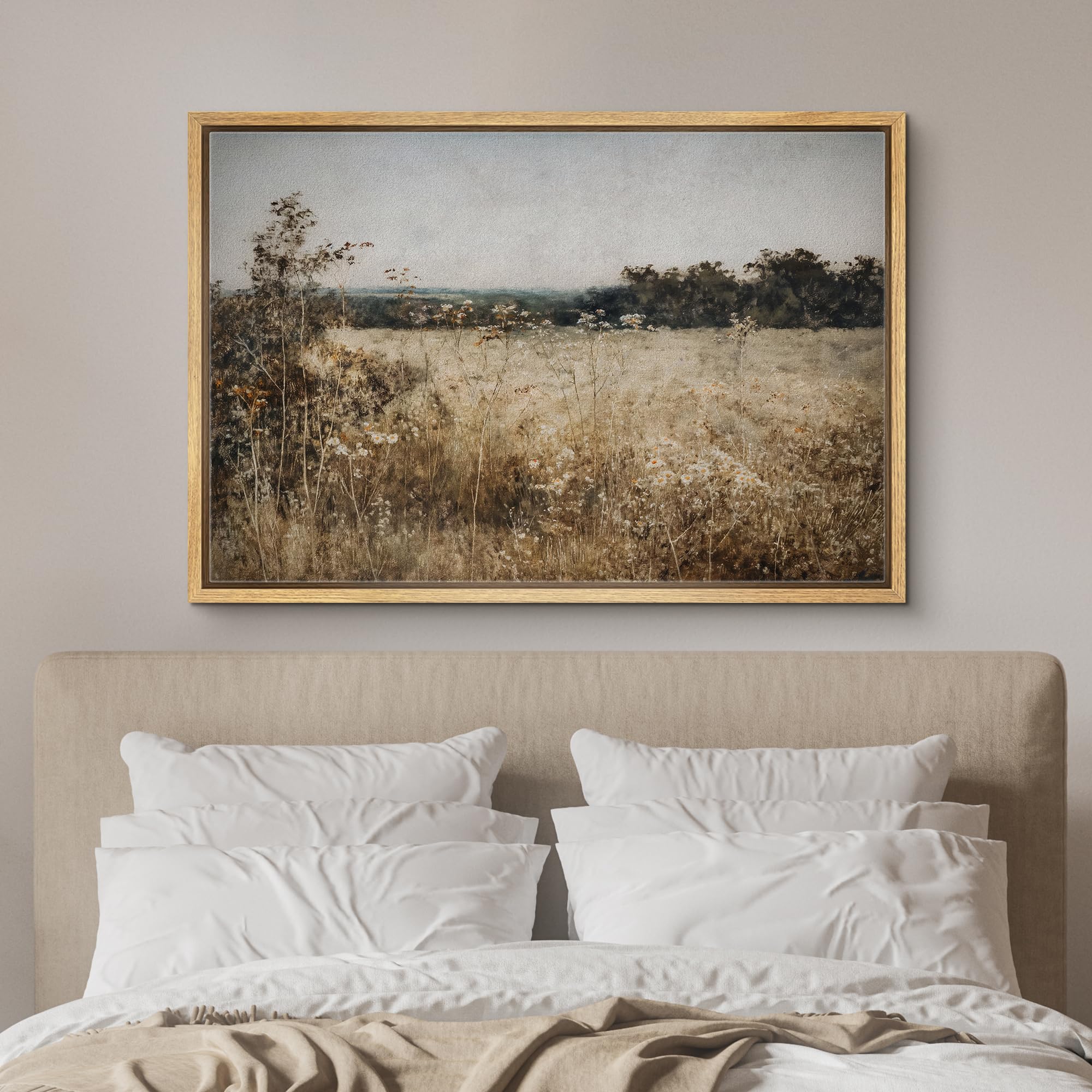 Signford Framed Canvas Print Wall Art Rustic Wildflower Meadow Landscape Nature Wilderness Illustrations Modern Art Decorative M