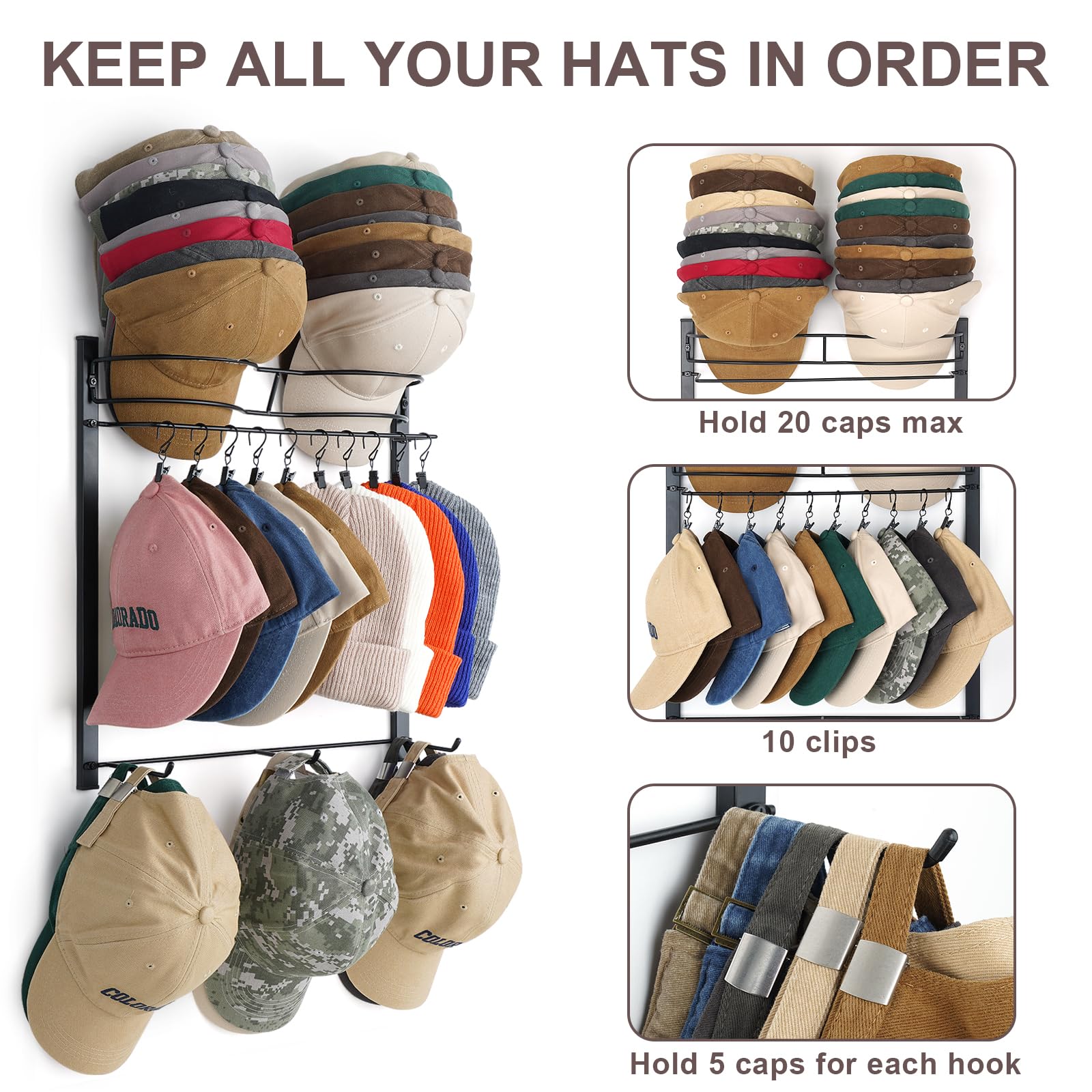 Hydermus Hat Rack For 45 Baseball Caps With 10 Clips 3 Tier Hat Organizer For Wall Multi-Functional Hat Hanger Metal Hat Holder