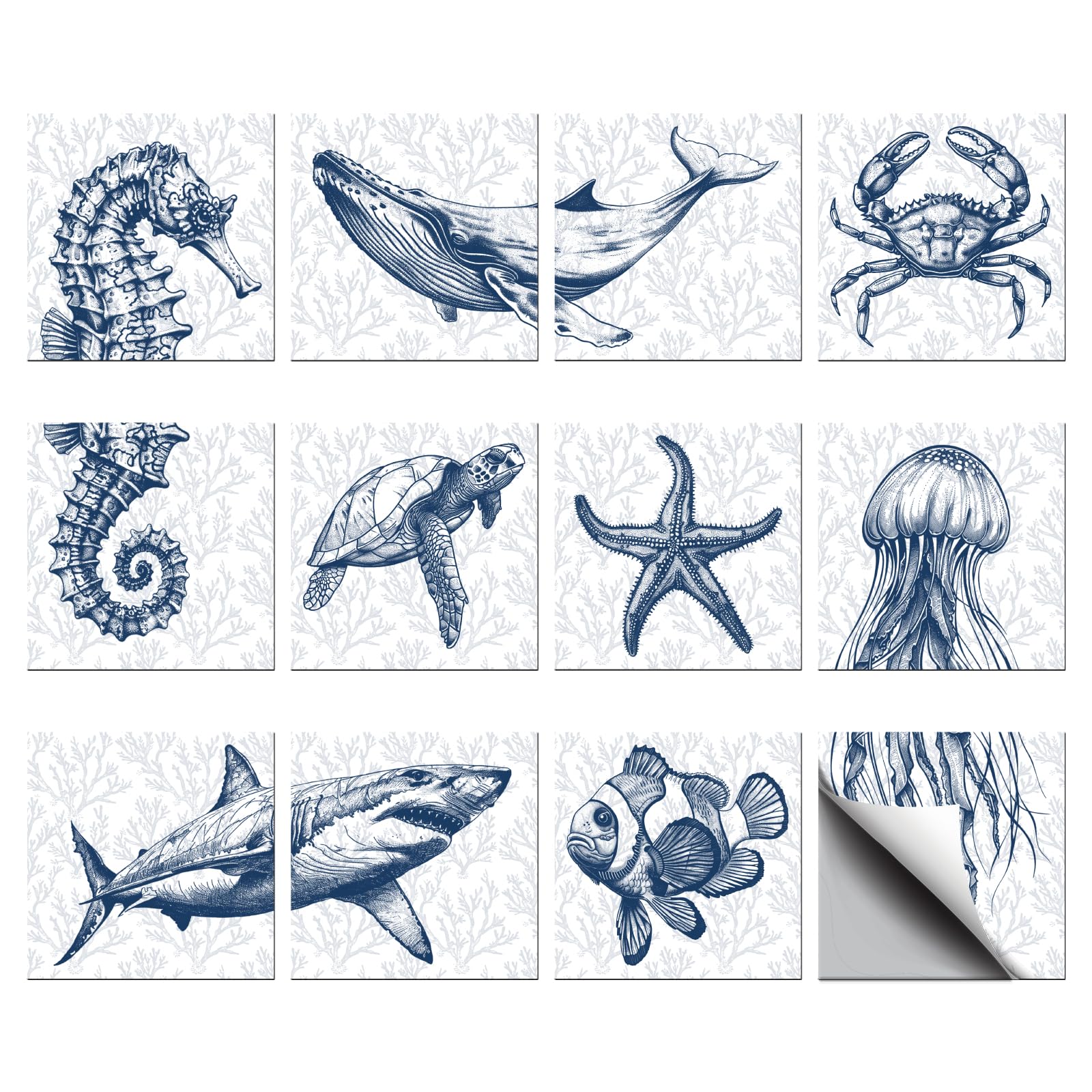 CHGCRAFT 36Pcs 12 Styles Waterproof Peel and Stick Tile Stickers Self-Adhesive Ocean Marine Life Backsplash for Kitchen & Bathro