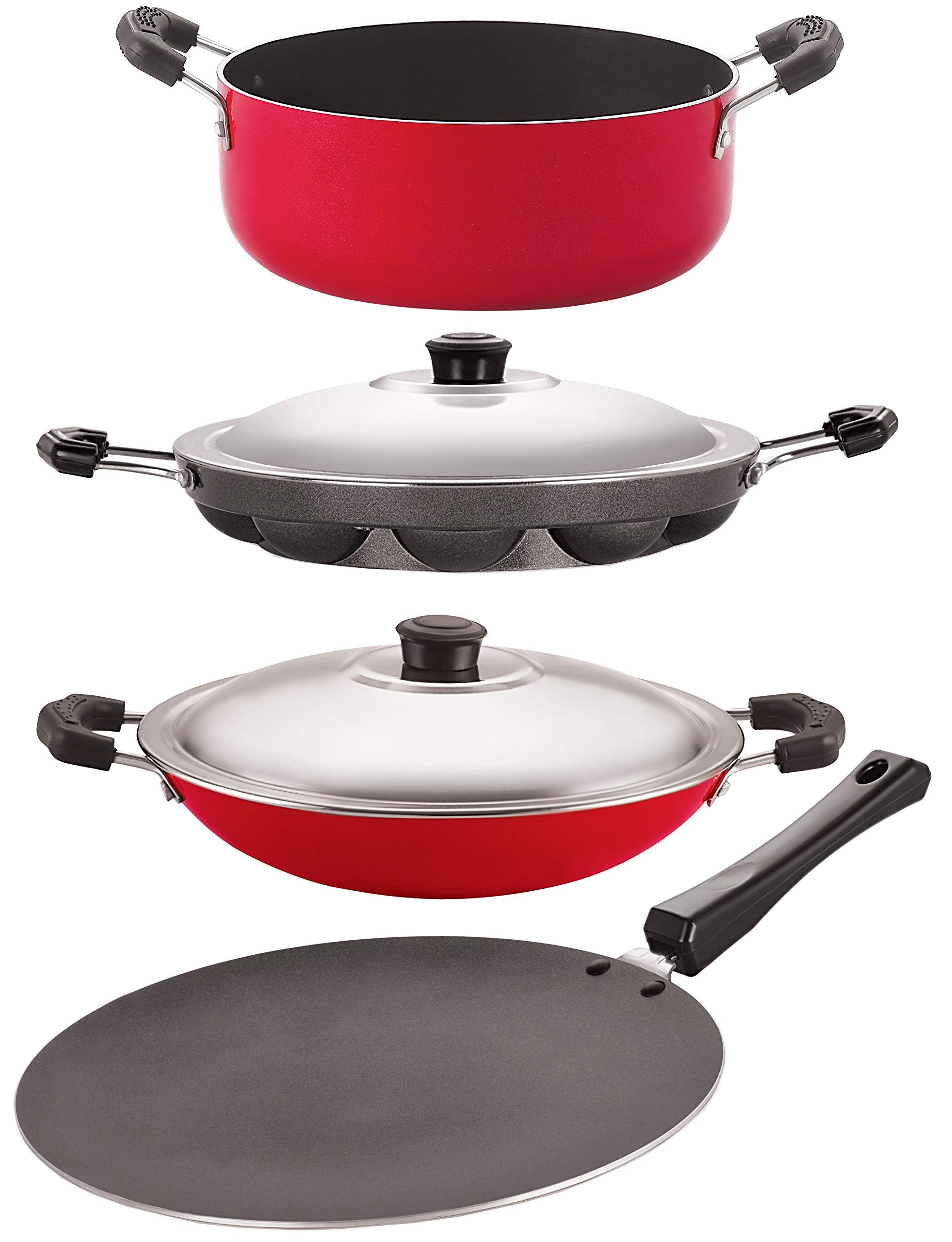 Nirlon NonStick Aluminum Cookware Set, 4Piece, Red And Black (2.6Mm_Ct12_Ap(12)_Ac_Cass20)