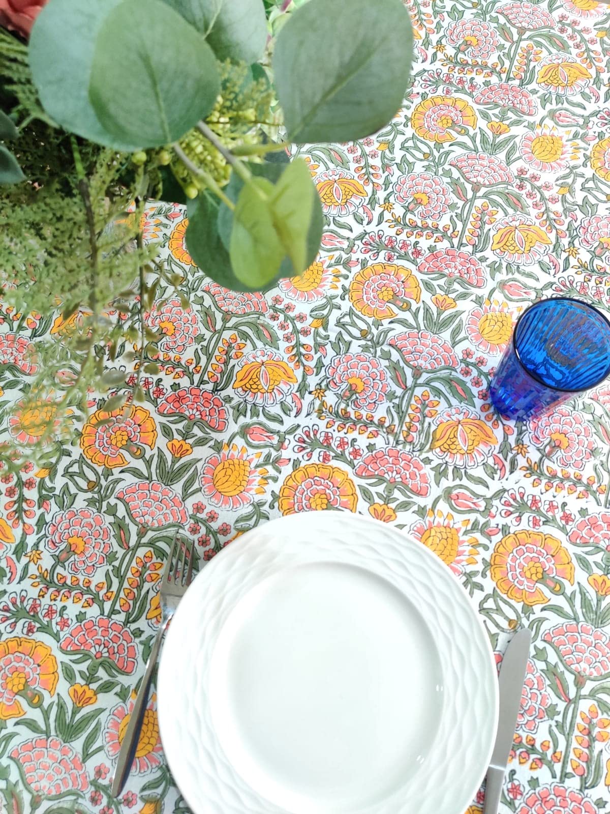 Atosii Clover Yellow 100% Cotton Rectangle Fall Tablecloth, Handblock Floral Print Linen Table Cloth For Kitchen Dining I Partie