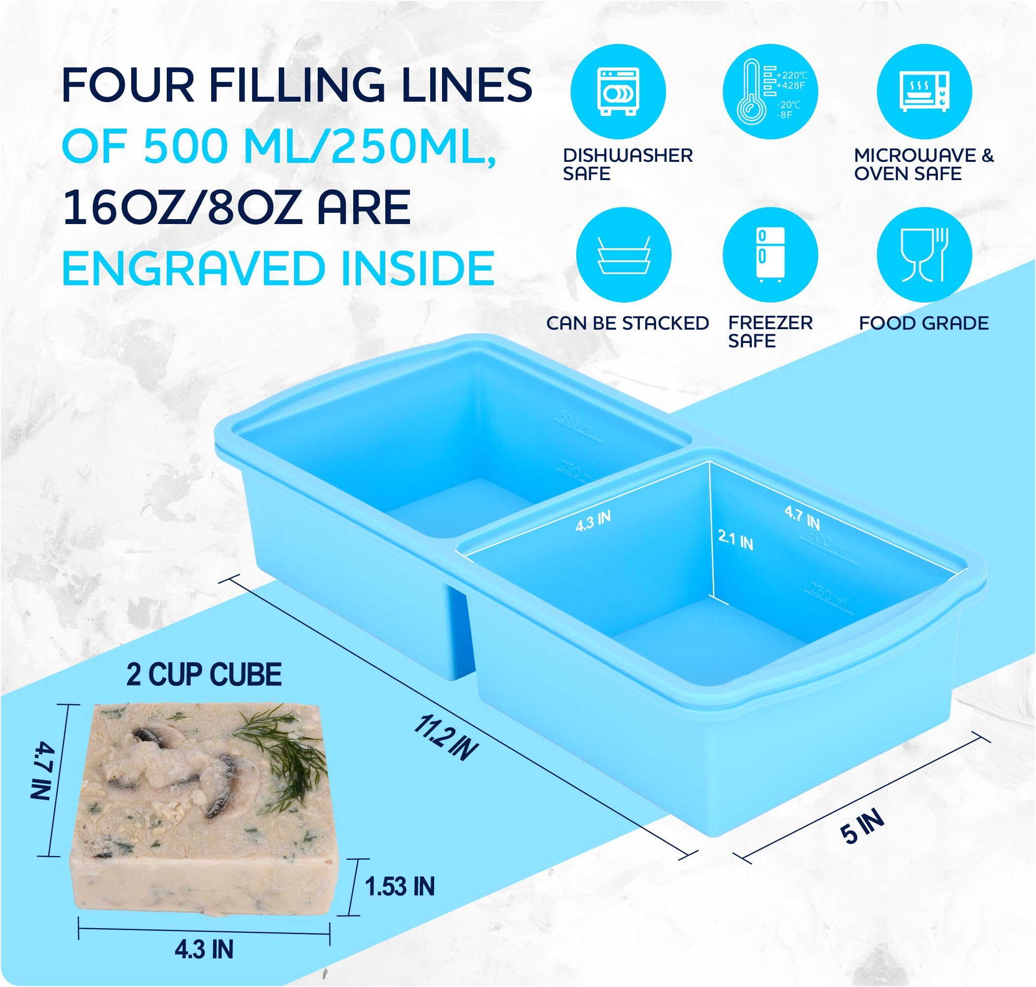 Zip Standing 2 Cup Silicone Freezer Trays With Lid,Soup Freezer Container,Large Ice Cube Molds With Reinforced Steel Ring Top Pe