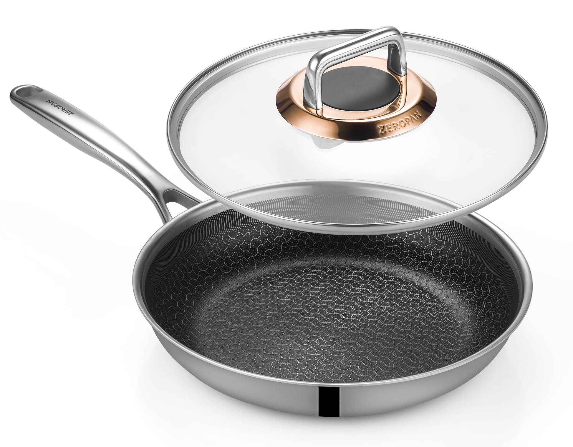 ZEROPAN Hybrid Nonstick 12Inch Frying Pan with Lid,Non stick Frying Pan,PFAS PFOA PTFE Free,StayCool Handle, DishwasherFriend