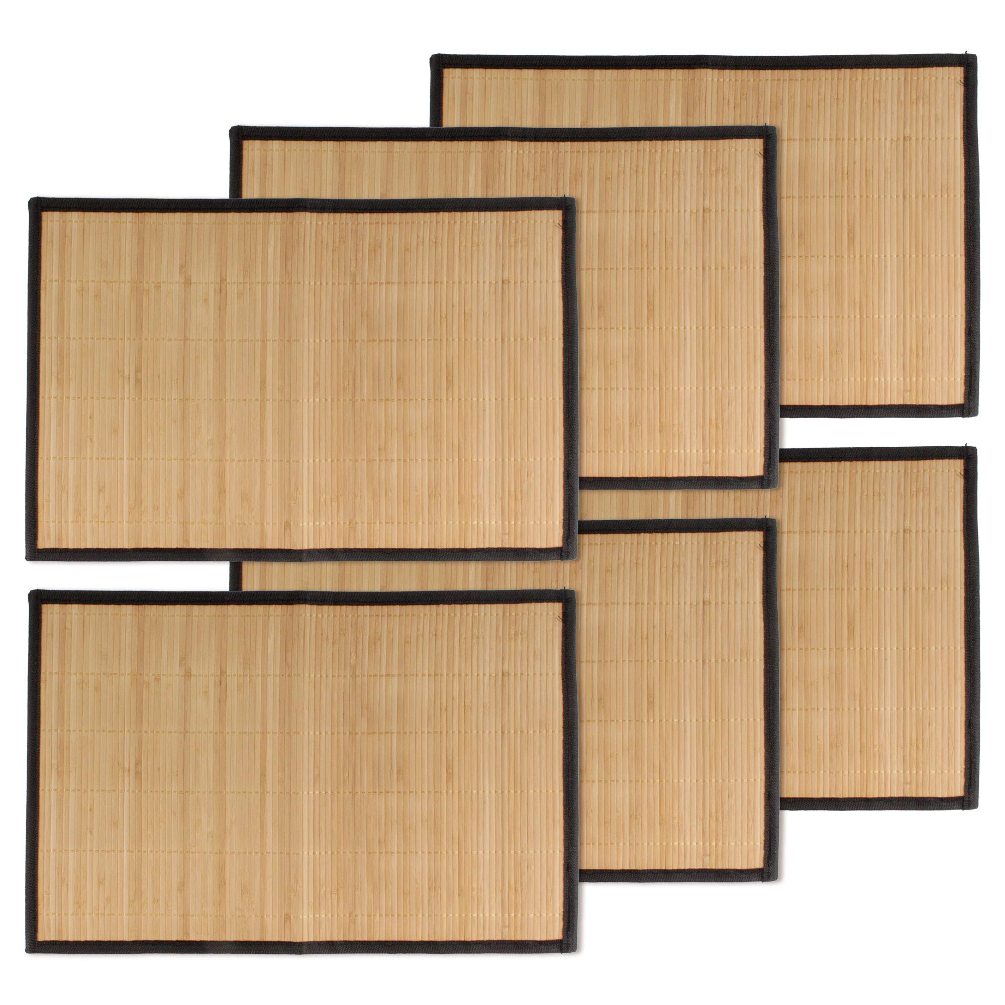 Bamboomn Bamboo Slats Placemat With Fabric Border - Solid Color Print - 17.5'' X 12'' - Brown With Black Border, 6 Pcs