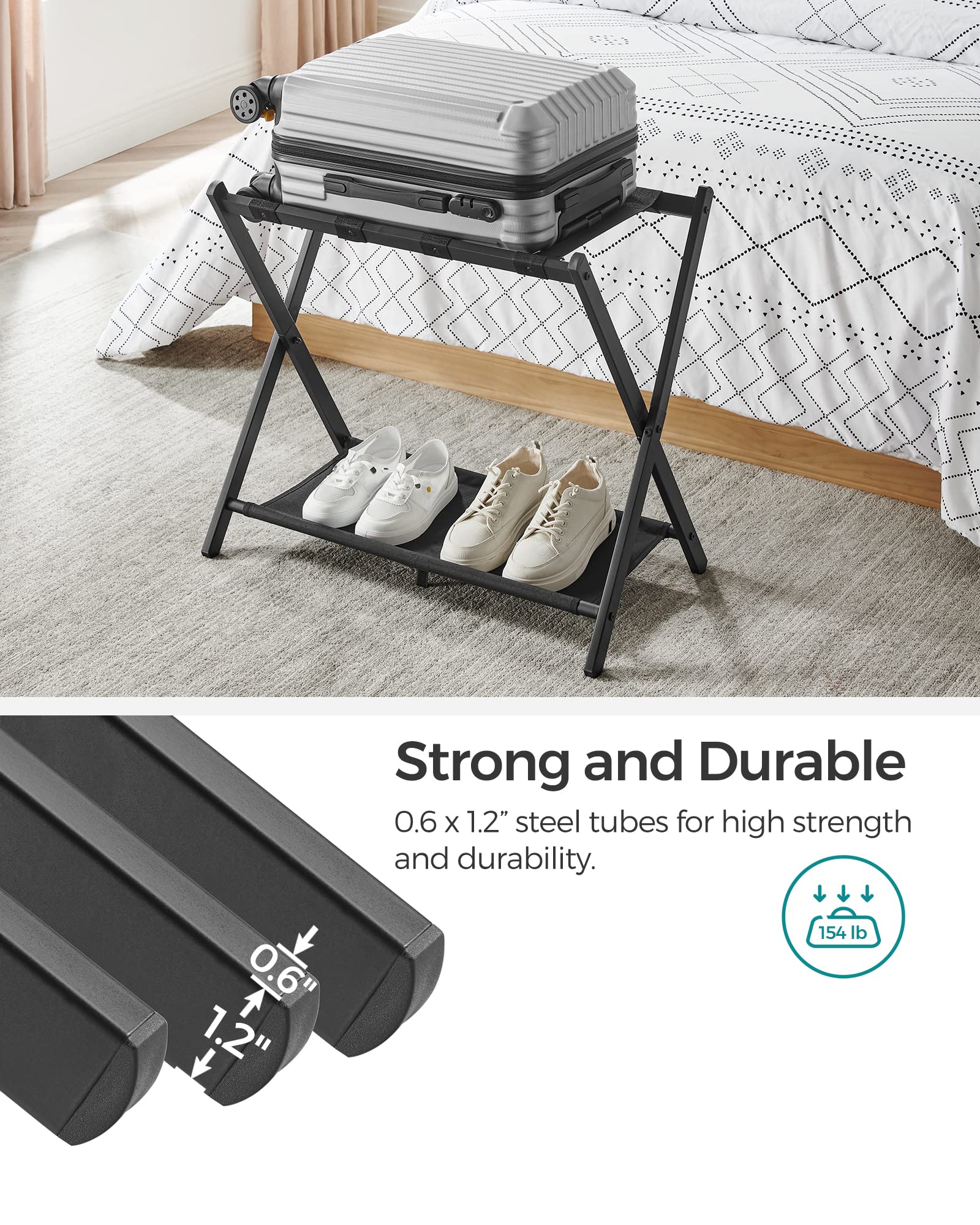 Songmics Luggage Rack For Guest Room, Suitcase Stand With Storage Shelf, Steel Frame, Foldable For Easy Storage, Hotel, Bedroom,