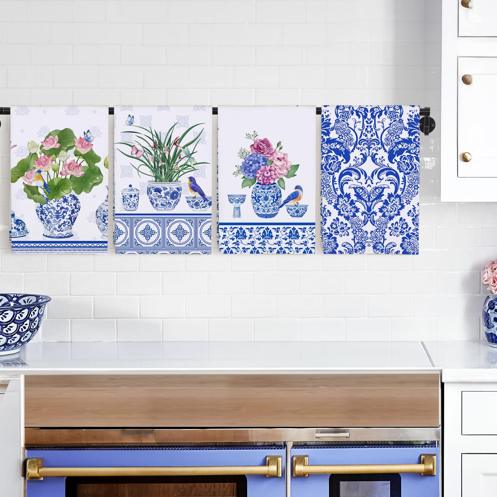 Arquiel Blue And White Porcelain Kitchen Towel 100% Cotton Quick Dry Dish Towels 20 X 27.5Inch, Dishcloth Hand Towels For Housew