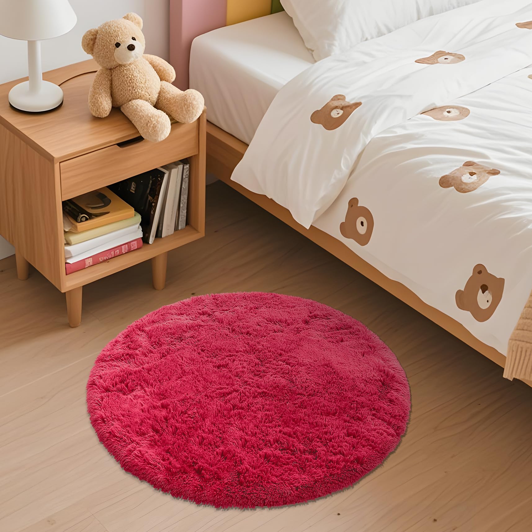 OLANLY Red Round Rugs for Bedroom - Machine Washable, 2 ft Circle Area Rugs for Living Room, Soft and Fluffy Shaggy Carpet for T