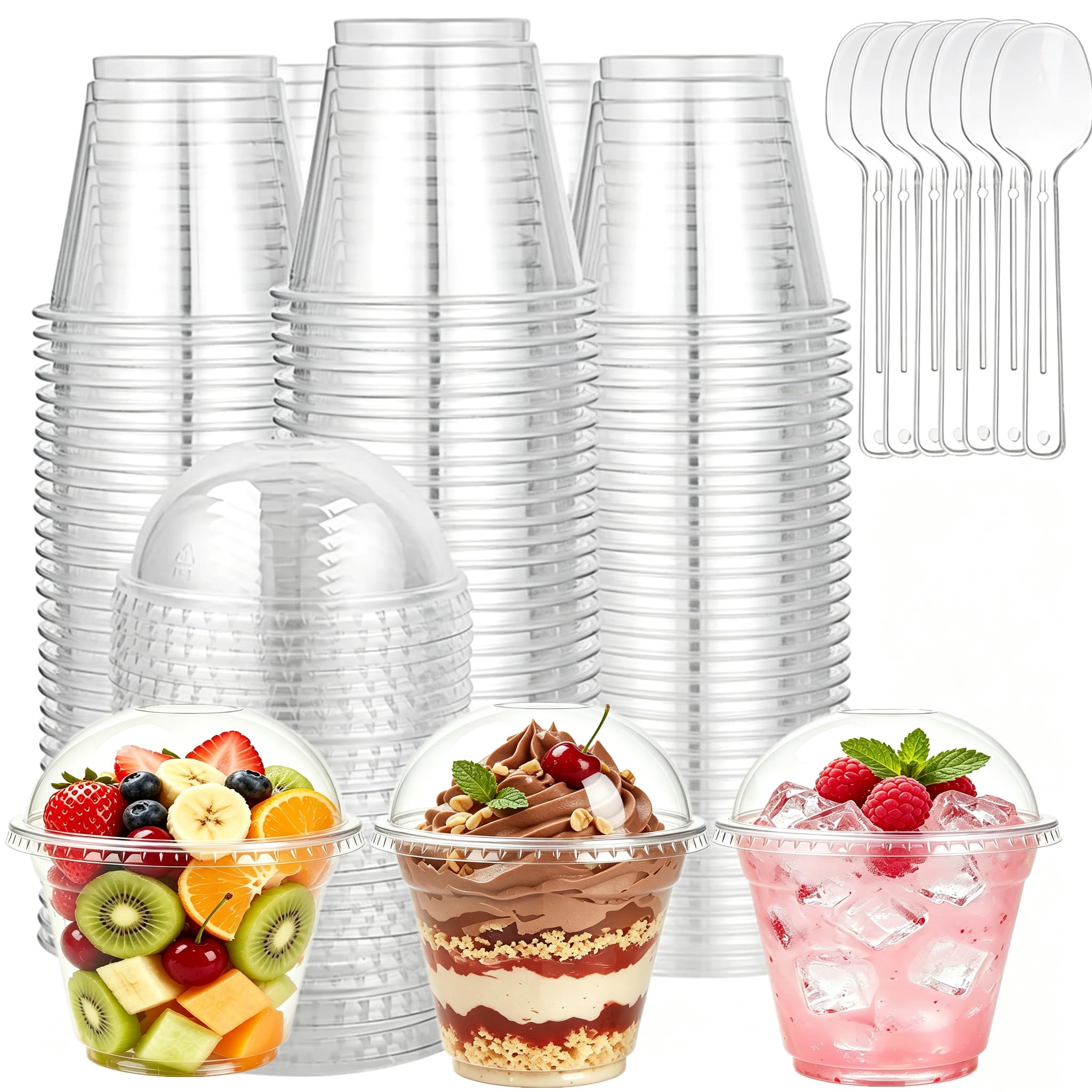 HningBuyox 100 Pack 9 OZ Clear Dessert Cup with Dome Lid and Spoon, Sturdy PET Party Parfait Cups for Cold Drinks Salad, Ice Cre