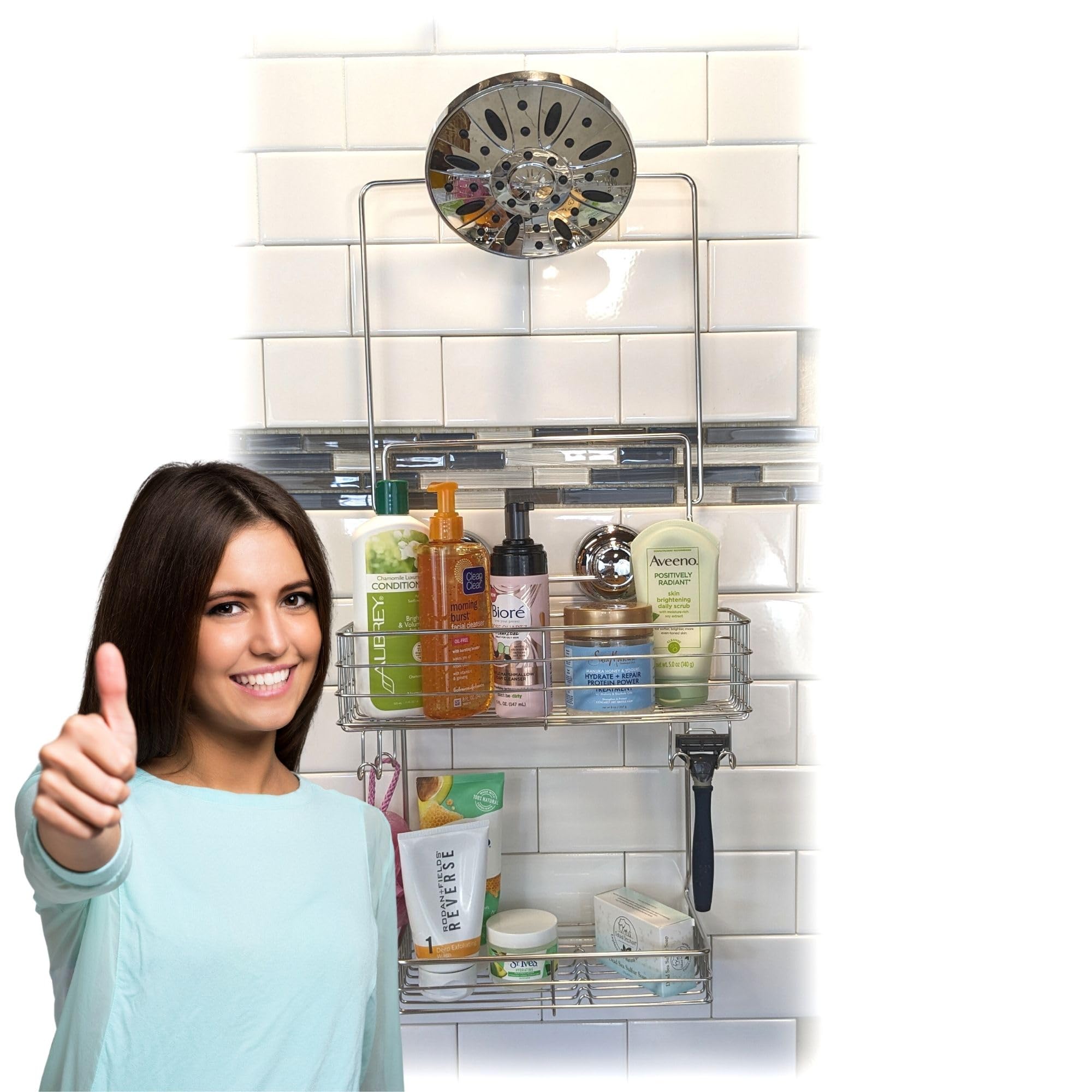 Gecko-Loc Extra Long Wide Adjustable Length Over The Showerhead Hanging Shower Caddy Organizer - Stainless Steel Bathroom Caddie