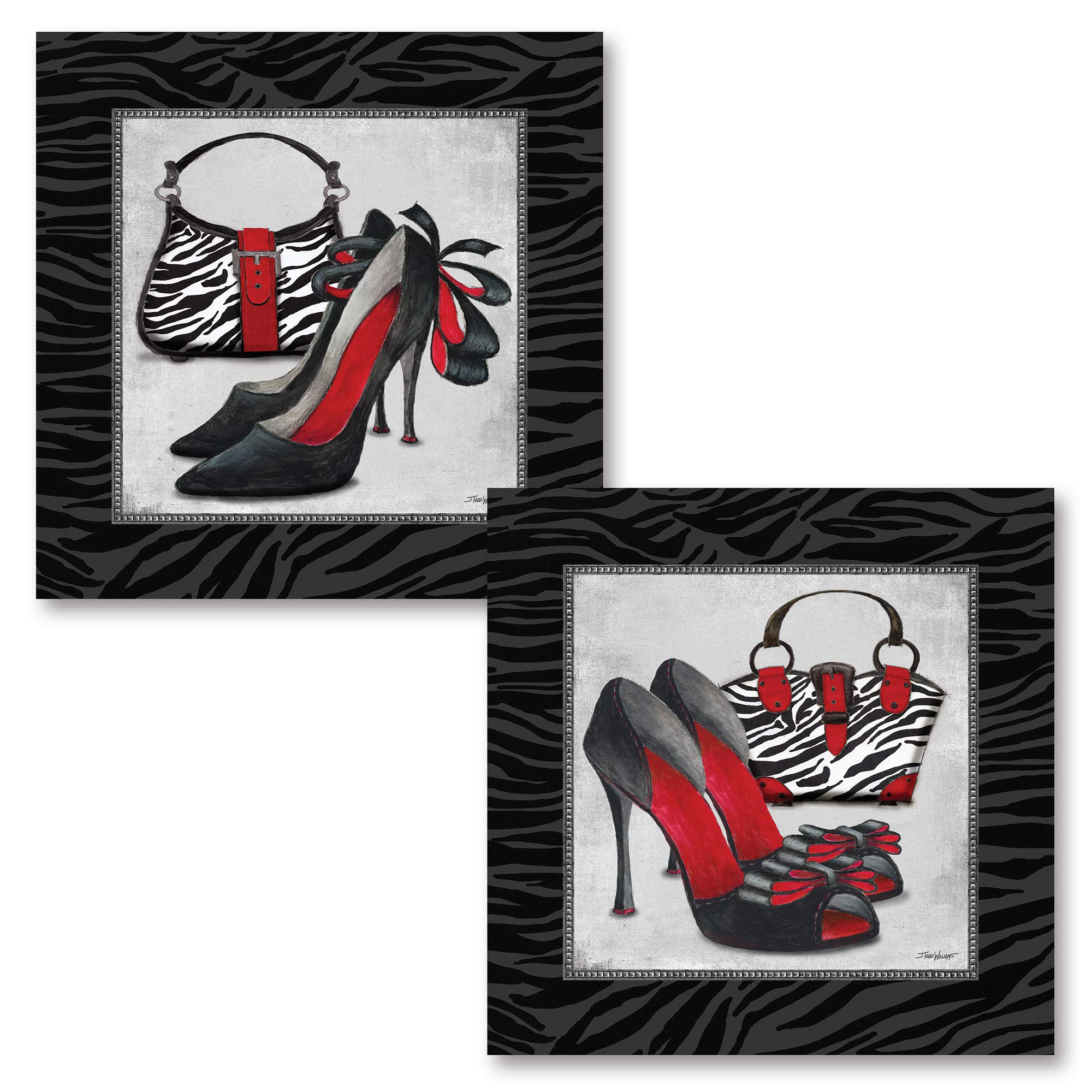 Gango Home Decor Exotic Zebra Print; Fun Popular Trendy Purse And High-Heel Set; Two 12X12In Poster Prints. Black/Red