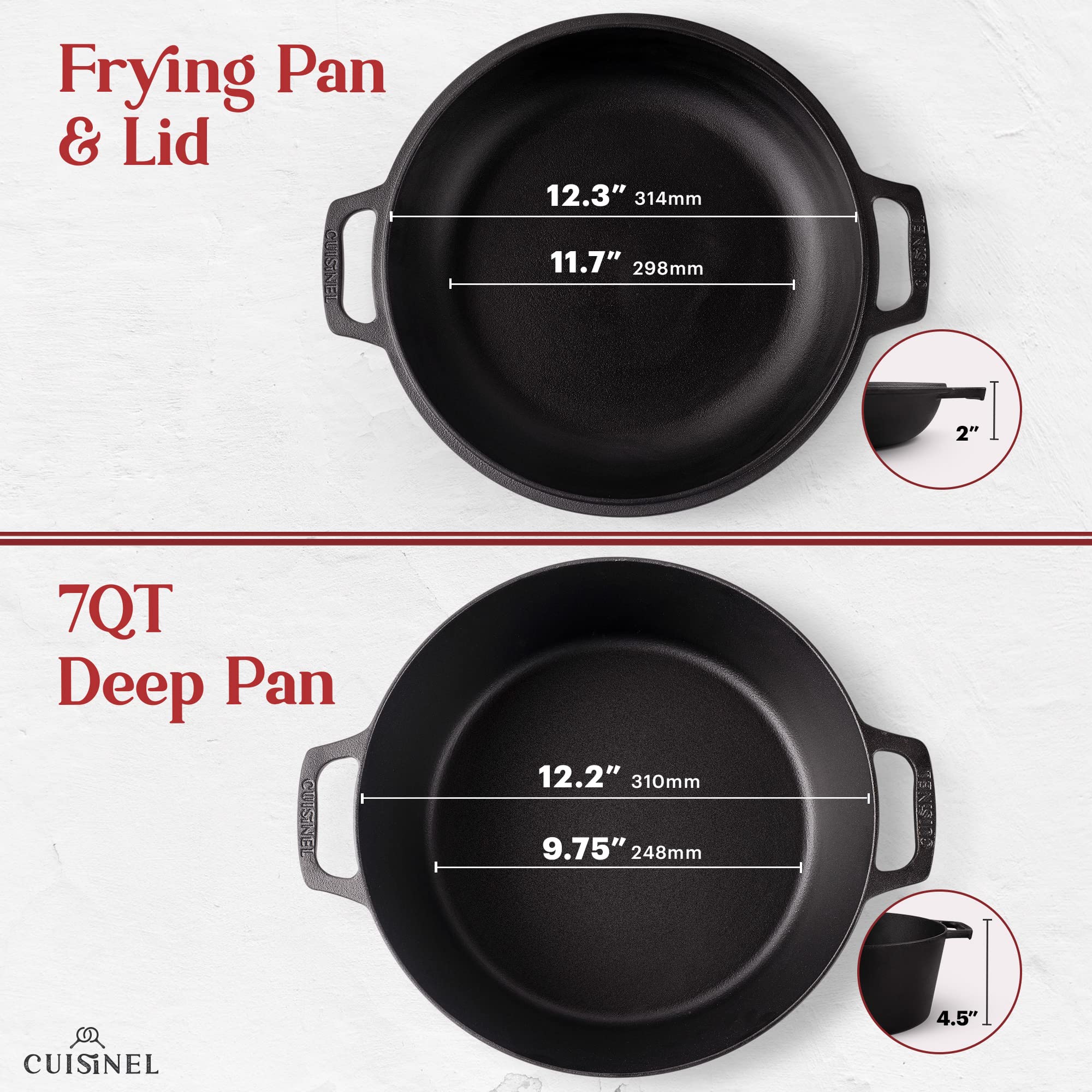 Cuisinel Cast Iron Dutch Oven 7-Quart - Pre-Seasoned 2-In-1 Deep Pot Multi-Cooker - Combo Lid Doubles As 12 Skillet Frying Pan