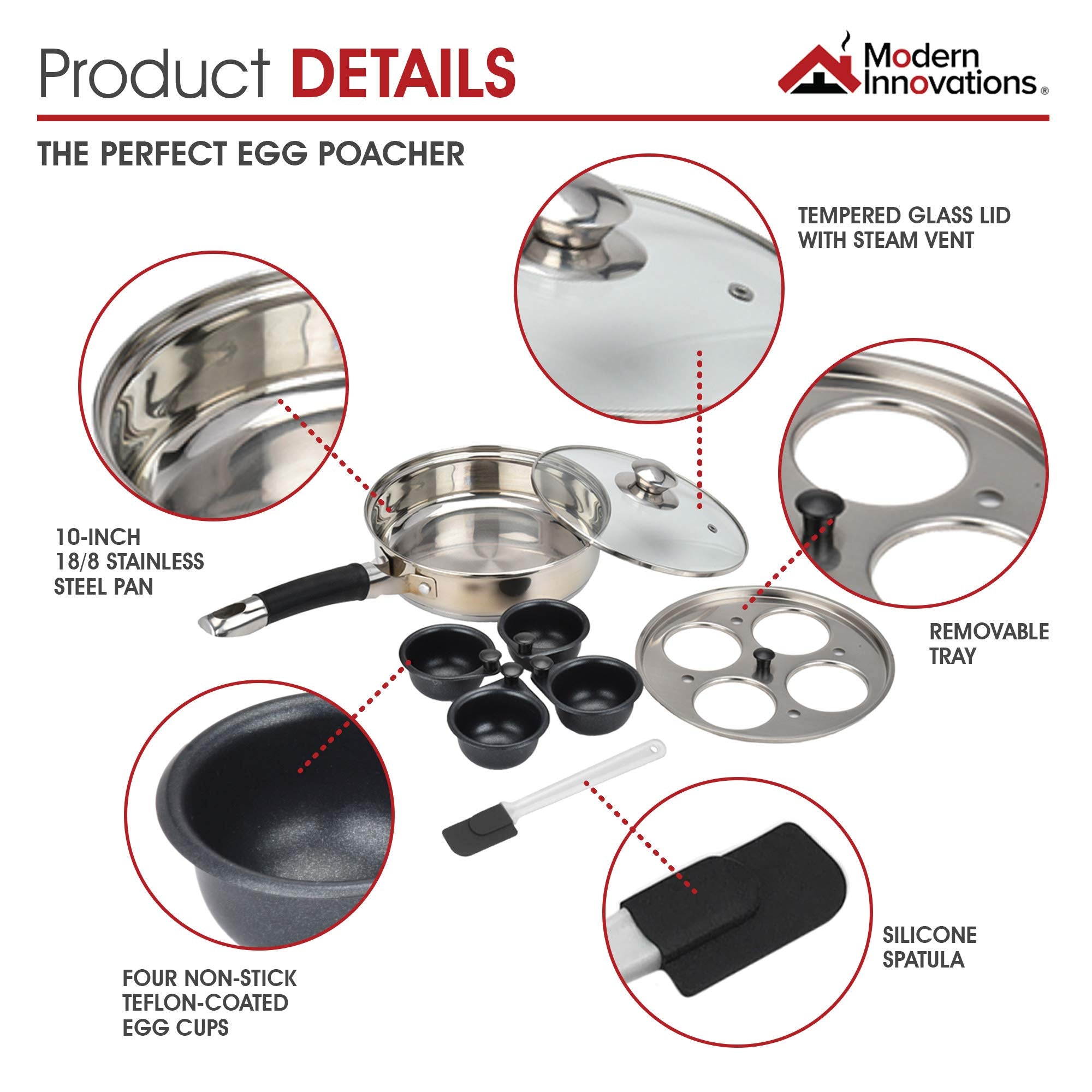 Modern Innovations Egg Poacher Pan For Perfect Poached Eggs, Nonstick Cups Poached Egg Maker Pan, Stainless Steel Easy Egg Cooke