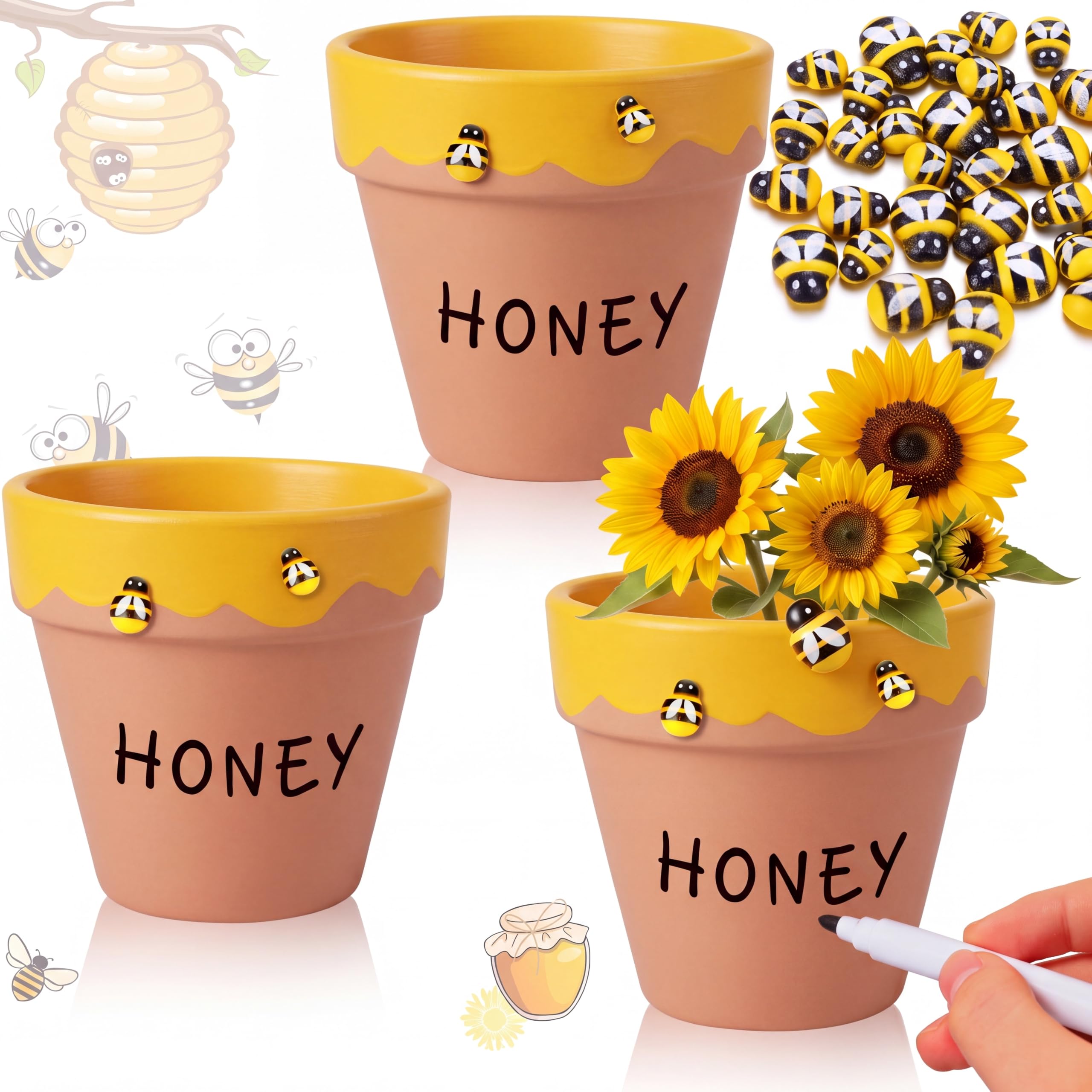 Lineshading 3 Pack 4 Inch Honey Bee Pot Honey Jars for Party Decor, Classic