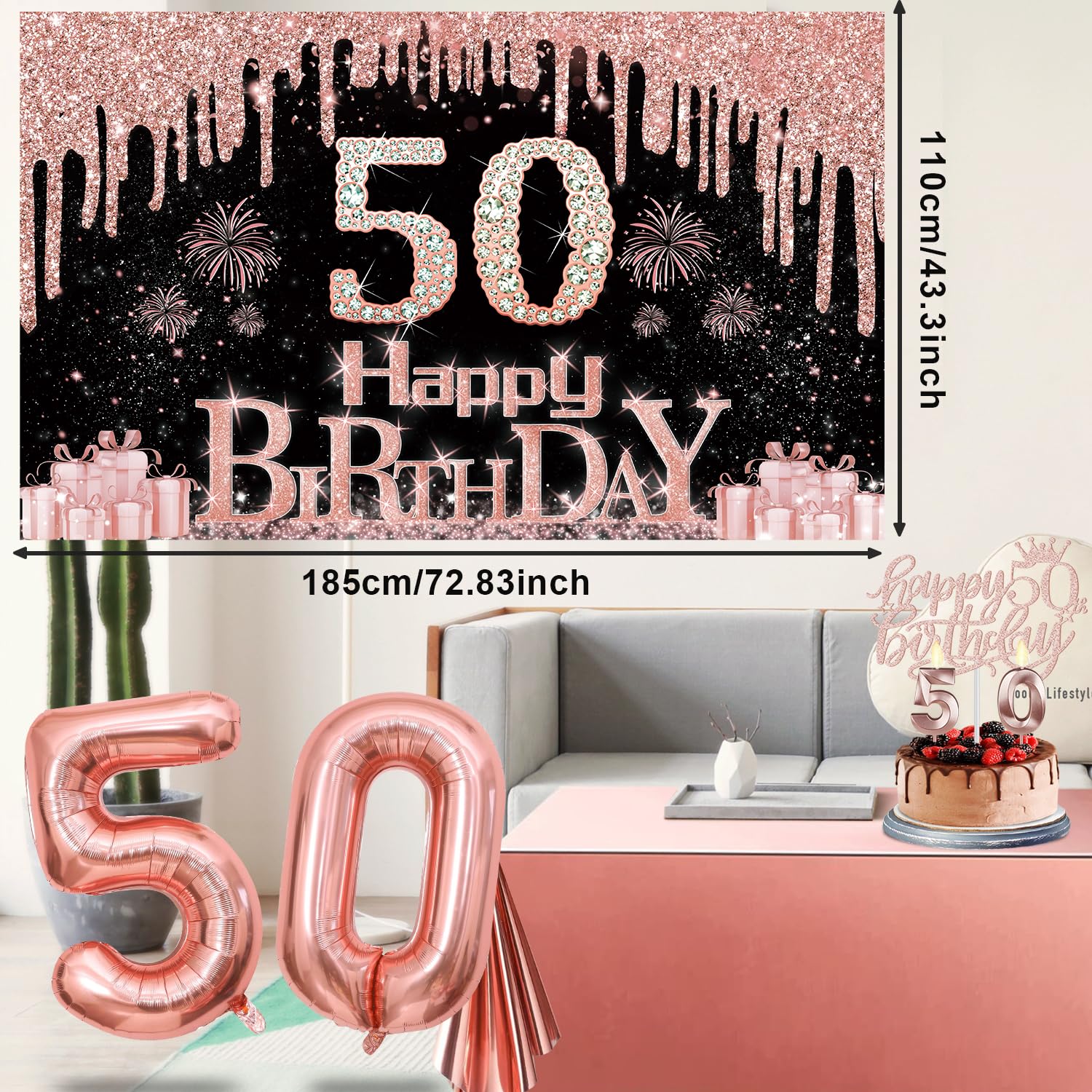 50Th Birthday Decorations For Her With Banner, Rose Gold Tablecloth, Number Balloons, 50Th Birthday Sash And Tiara, Candles And