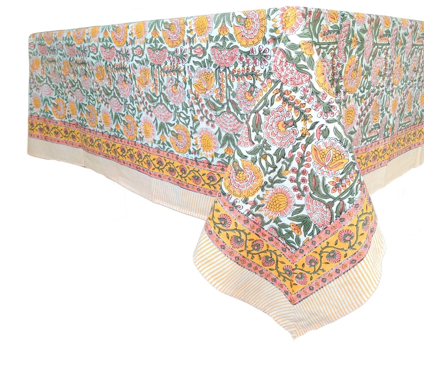 Atosii Clover Yellow 100% Cotton Rectangle Fall Tablecloth, Handblock Floral Print Linen Table Cloth For Kitchen Dining I Partie