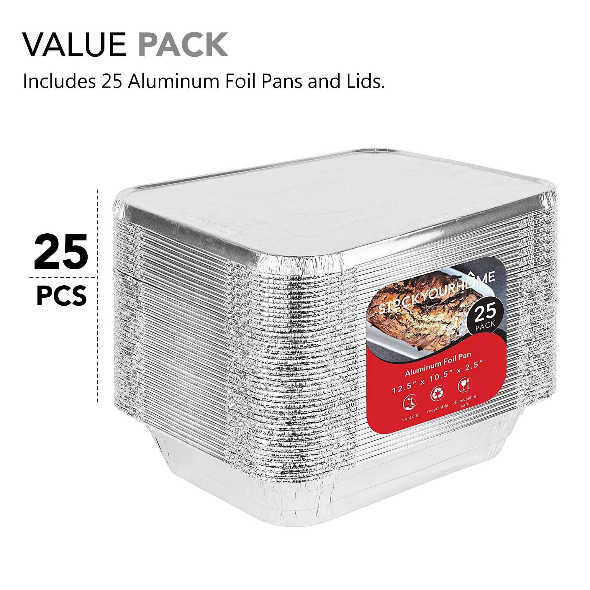 Foil Pans With Lids - 9X13 Aluminum Pans With Covers - 25 Foil Pans And 25 Foil Lids - Disposable Food Containers Great For Baki
