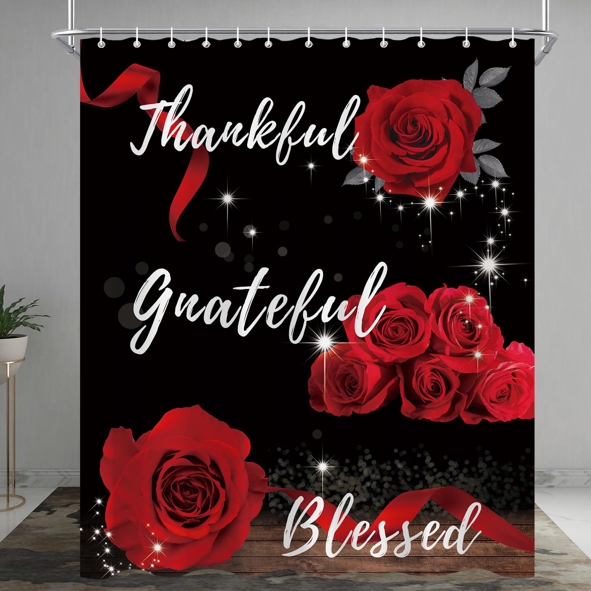 Oolygoo Red Rose Shower Curtain 60''X72'' Inspirational Thankful Grateful Blessed Shower Curtain Set For Bathroom Flower Wooden