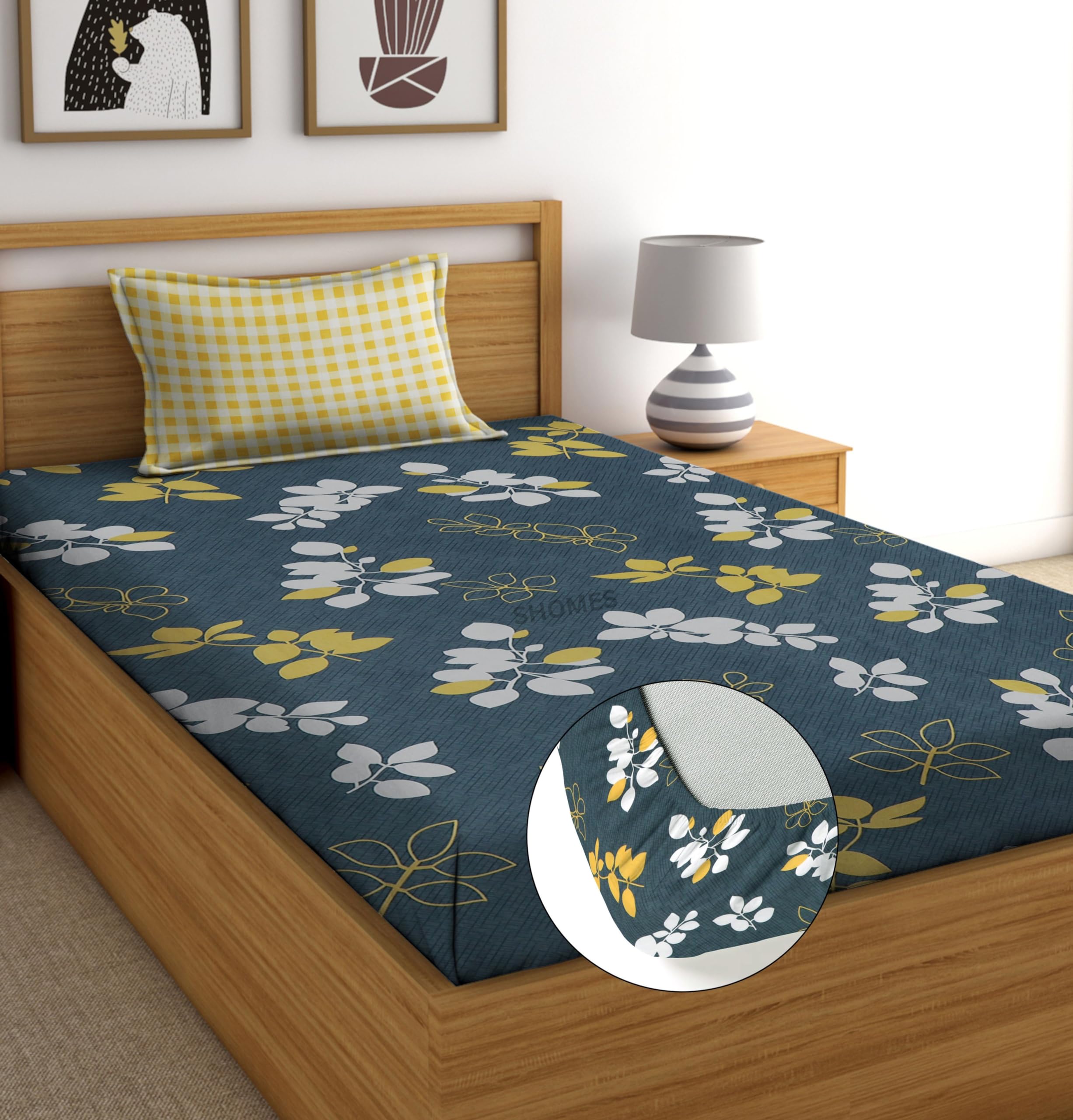 Shomes Elastic Fitted Floral Bedsheet With 1 Large Size Pillow Cover|Single Bed With All Around Elastic,Size 72 X 36 X 8 Inches(