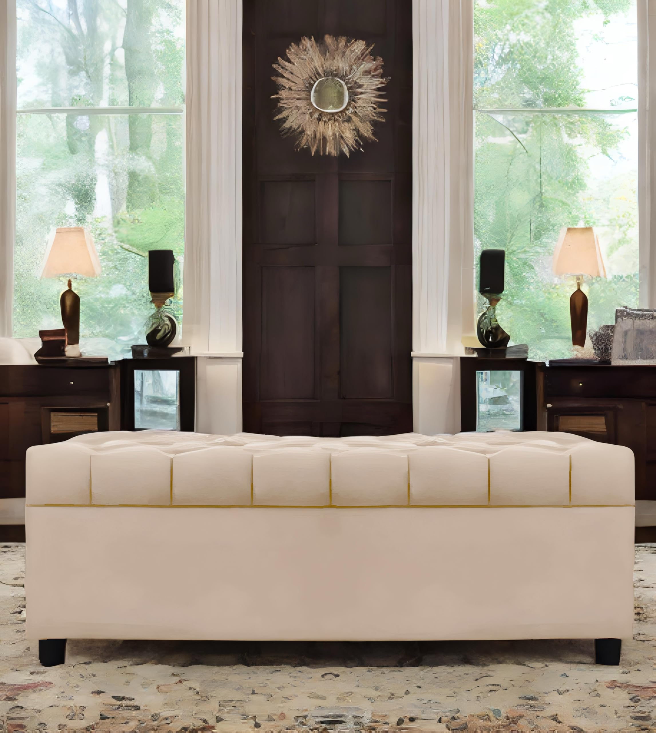 Amata Eagle Solid Wood 2 Seater Ottoman/Pouffe Cream Suede Velvet Fabric Perfect For Home Living Office Room And Guests (Cream 3