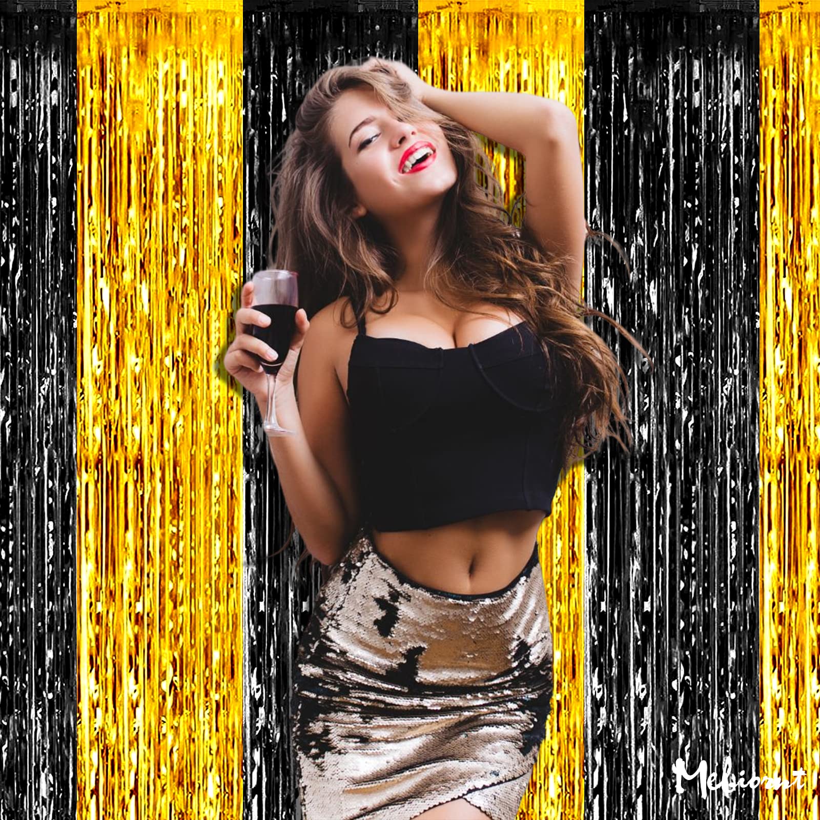 4 Pack 3.2Ft X 9.8Ft Black And Gold Fringe Curtain Backdrop, Metallic Tinsel Foil Fringe Streamers Curtains Background For Photo