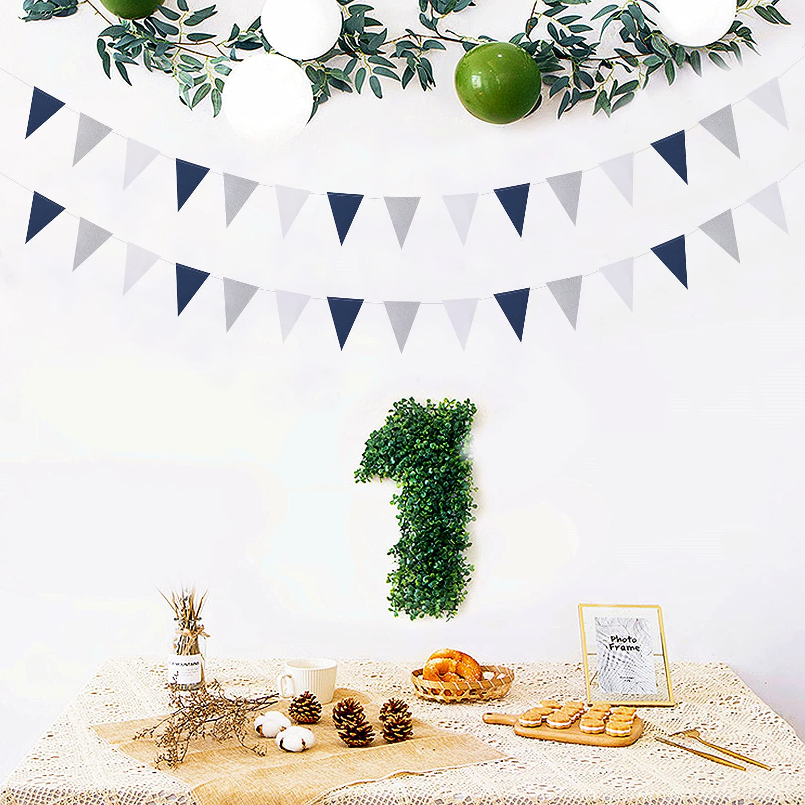 Navy-Blue White-Silver Party Decorations Banner - 2 Pack Men Birthday Graduation 2024 Glitter Sprinkles Paper Pennant Triangle F