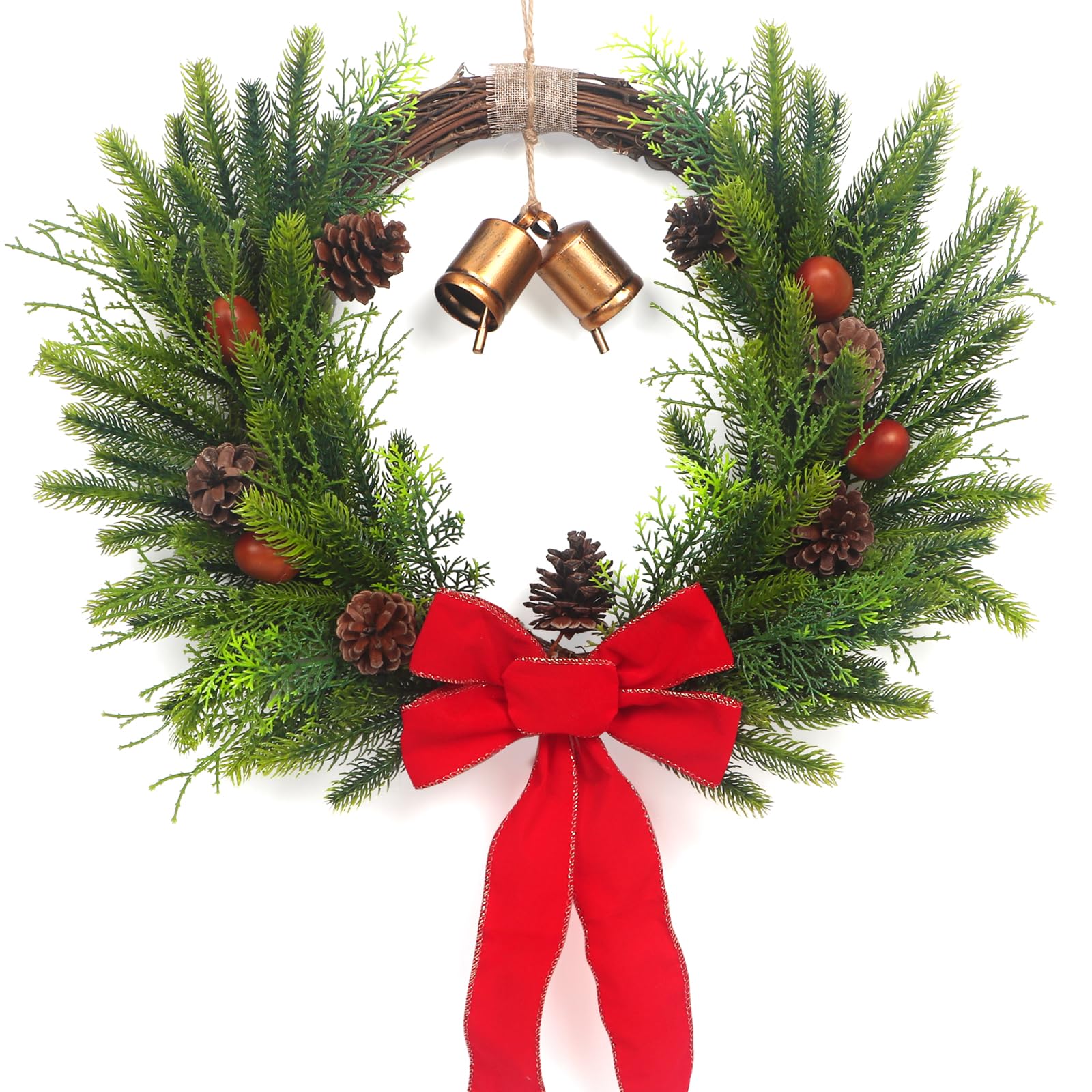 21Bell Christmas Wreaths for Front Door, Beautiful Door Wreath with Bow Acorn Pinecone Decor for Christmas New Year Gift