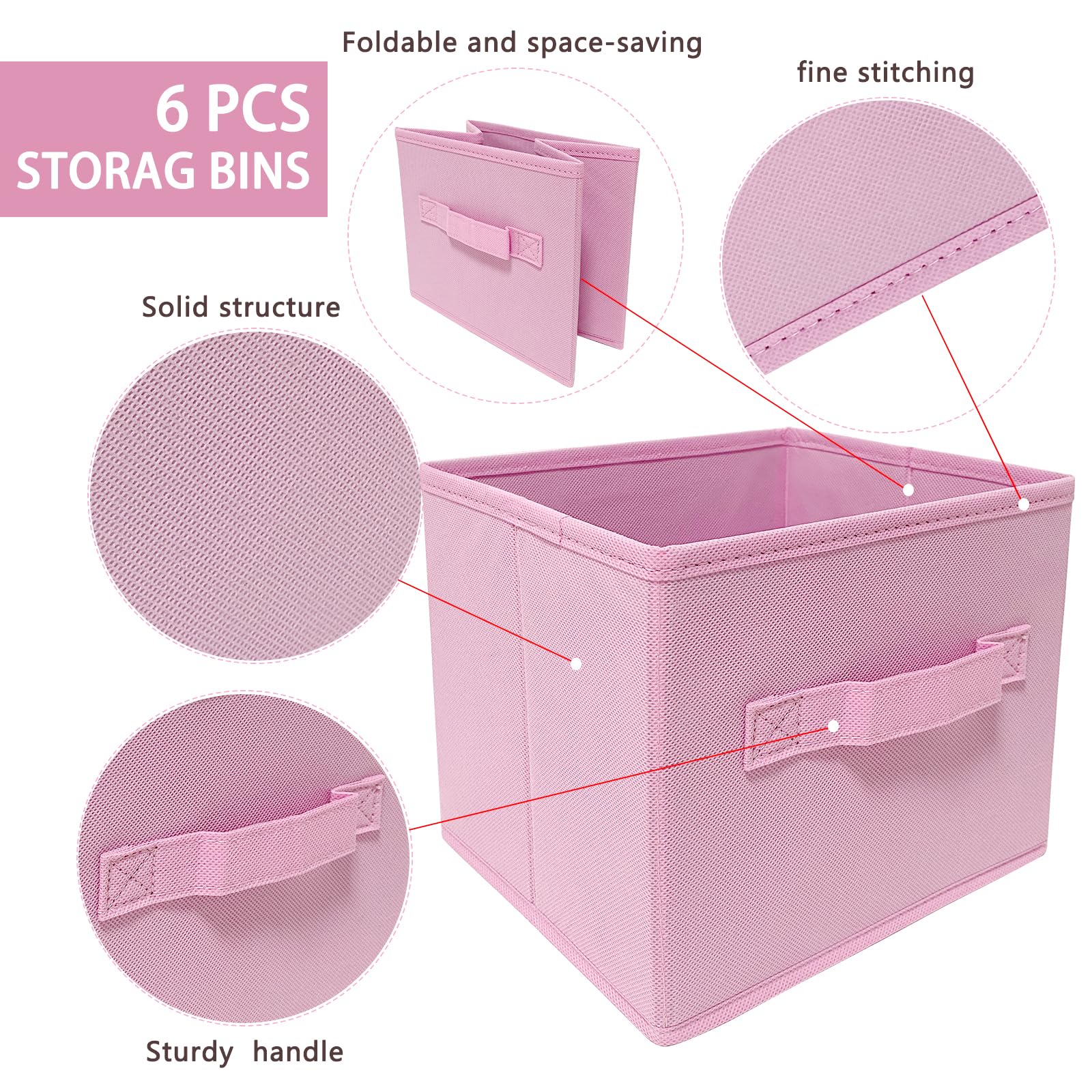 Ebigic Pink Bins[6 Pack] 9.0''X7.5''X7.5'' Small Size Fabirc Foldable Closet Toy Organizer Collapsible Cloth
