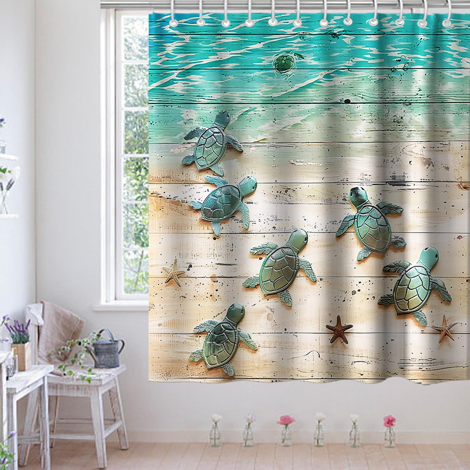 Final Friday Green Beach Sea Turtle Shower Curtain Nautical Teal Theme Fabric Bathroom Blue Ocean Decor With Grommets And Hooks